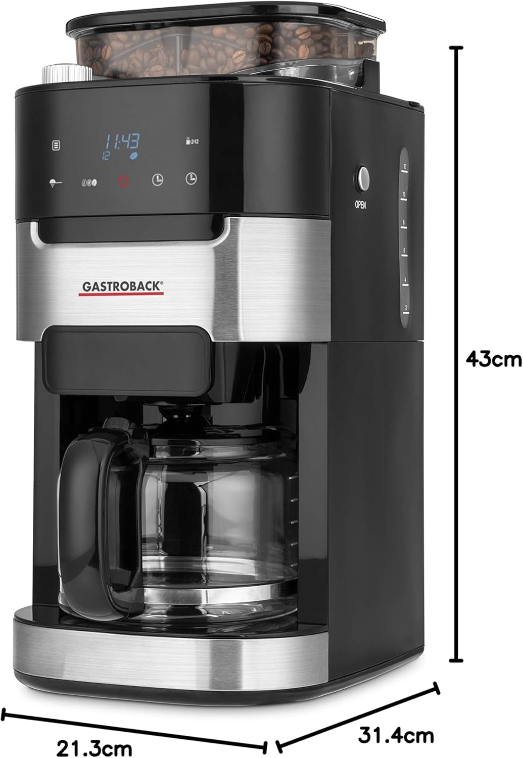 GASTROBACK 42711 Grind & Brew Pro kaffeespressomaskin, kaffeespressomaskin med integrerat filter och kvarn, konisk kvarn med 8 malinställningar, LCD-pekskärm, plast