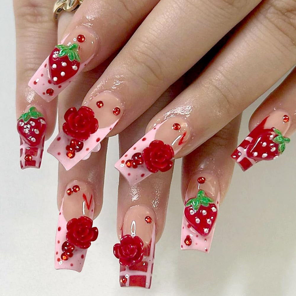 100st 3D Nail Charms Rosa Rot Kirsche Erdbeere Blume Nagel Charms Kamelie Rose Schmetterling Nail Art Charms Flatback Herz Schleife Charms Nägel Zubehör Mond Stern Nagelschmuck Nageldesign Anhänger