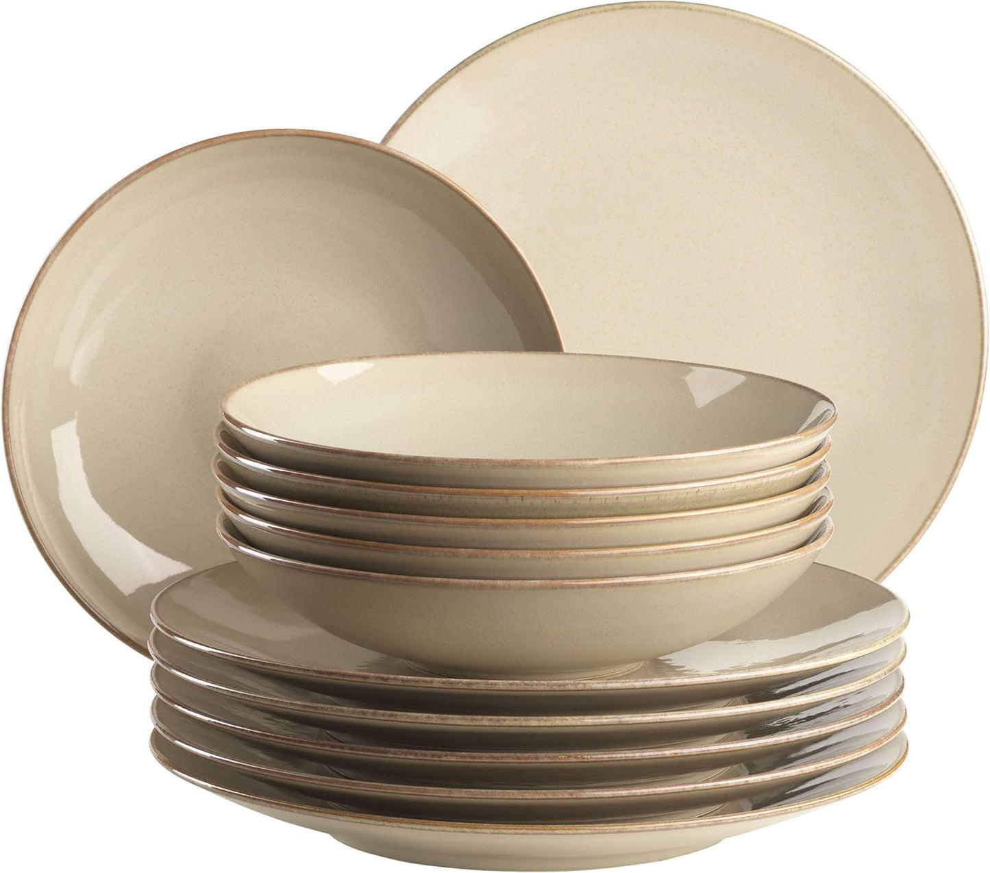 MÄSER 931734 Ossia, Teller-Set för 6 Personen im mediterranen Vintage-Look, 12-teiliges moderna Tafelservice mit Suppentellern und Speisetellern in Sandigem Grau, Keramik, Sandgrau