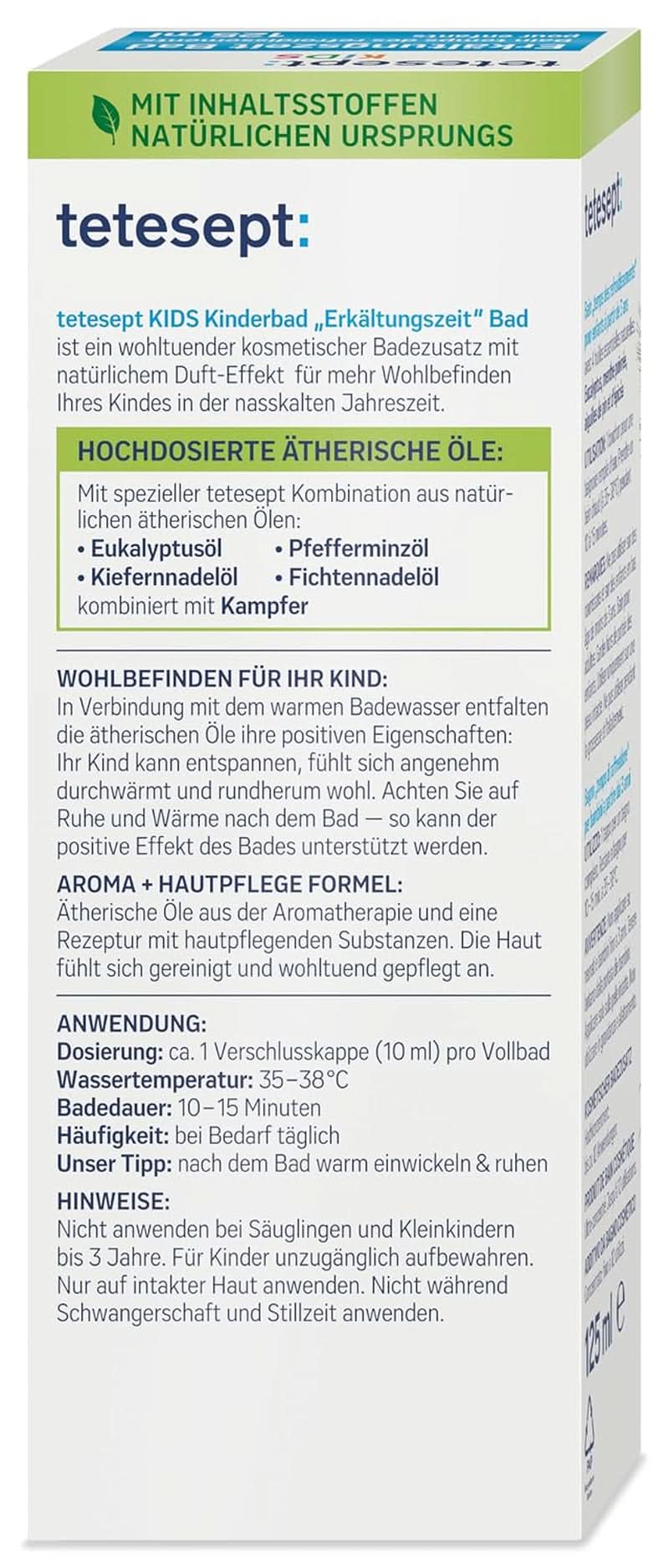 Tetesept Kids Cold Time Bath - badtillsats för barn för den kalla årstiden med 4 eteriska oljor, avslappning och värmande, 125 ml Naty Shop
