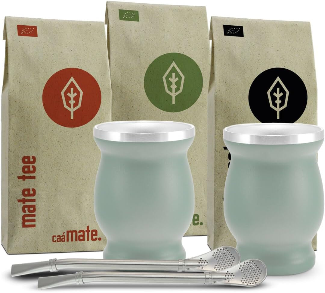 Mate Bio Tea Set ● 3 olika Mate + 2 dubbelväggiga Mate-koppar i rostfritt stål + 2 bombillor + förberedningsinstruktioner (svarta)
