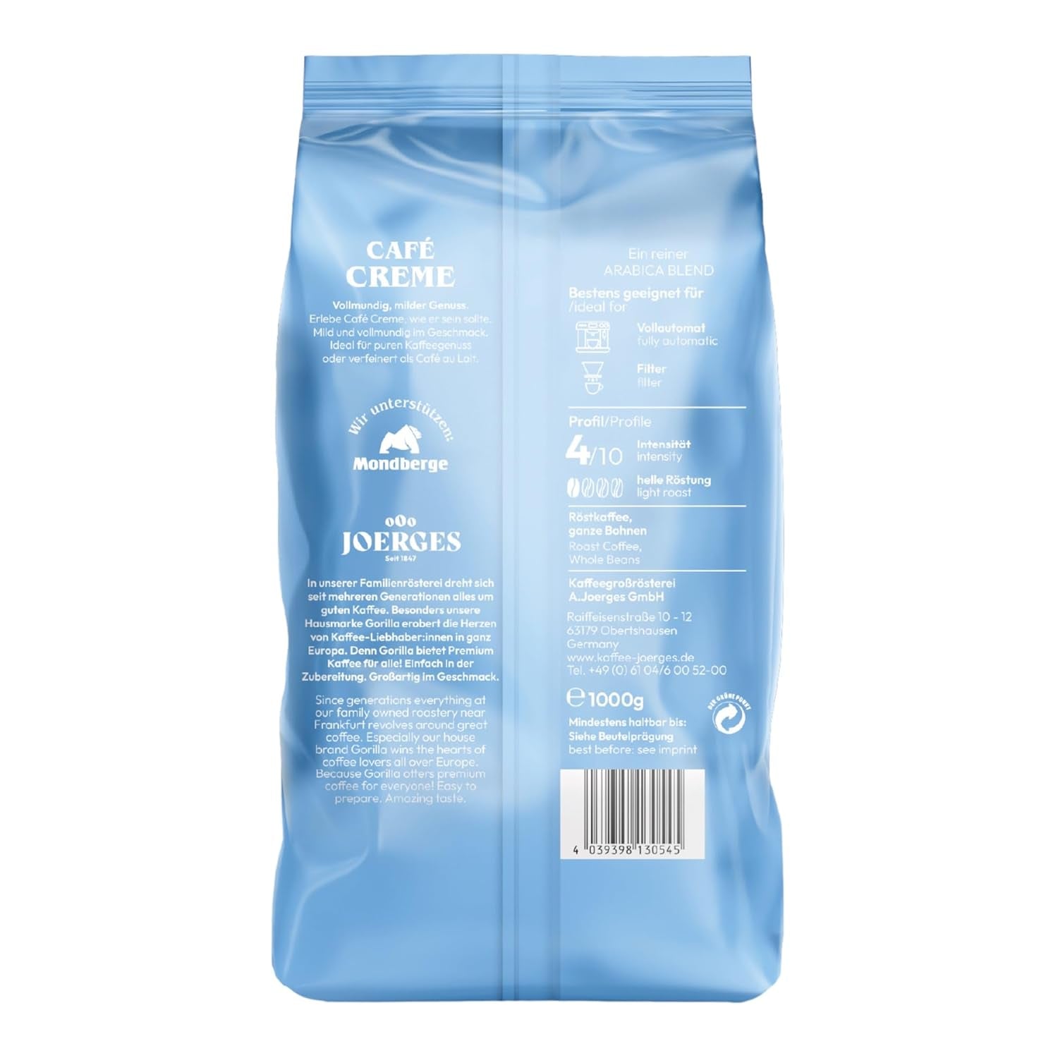 Gorilla Café Creme 6x 1000g | 100 % traditionell Arabica-Bohnen | Ideal Volllautomaten Crema harmonisches Aroma | geriger Koffeingehalt helle Röstung | Vorratspackung