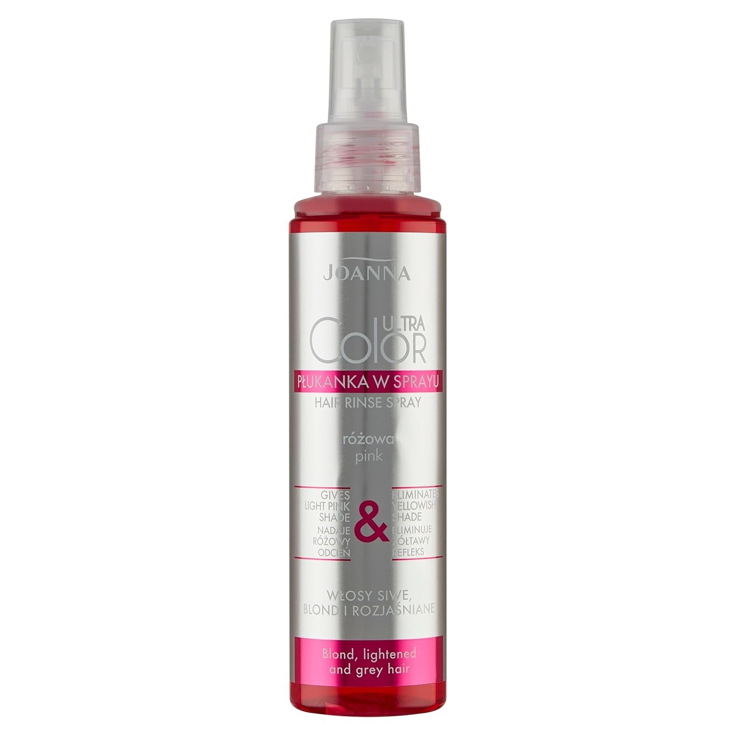 Joanna Ultra Color - Rosa färgbalsam för blont och ljust hår - Pastellrosa - Naturlig glans - Tar bort den gula nyansen från gråblont hår - Tillfällig effekt - 150 ml Naty Shop Spray hårfärg med rosa blonda toner 150 Ml (1 förpackning)