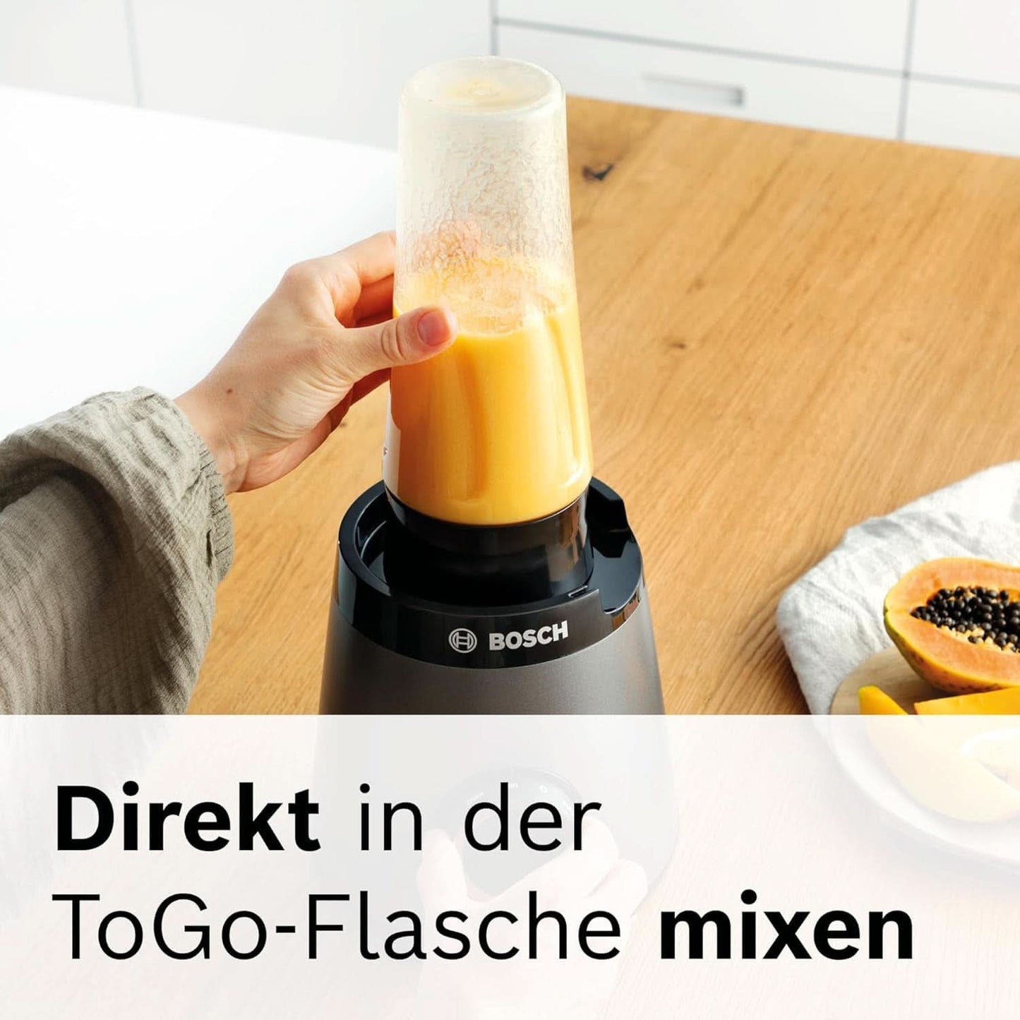 Bosch Standmixer Vitapower Serie 4 MMB6177S, Edelstahl-Klingen Tillverkad i Tyskland, 1,5L Thermosafe Glasbehälter, 0,6L To-Go-Flasche, Stopfer, Universalzerkleinerer, 30 000 U/Min, 1200 W, Silver Kitchen Naty Shop