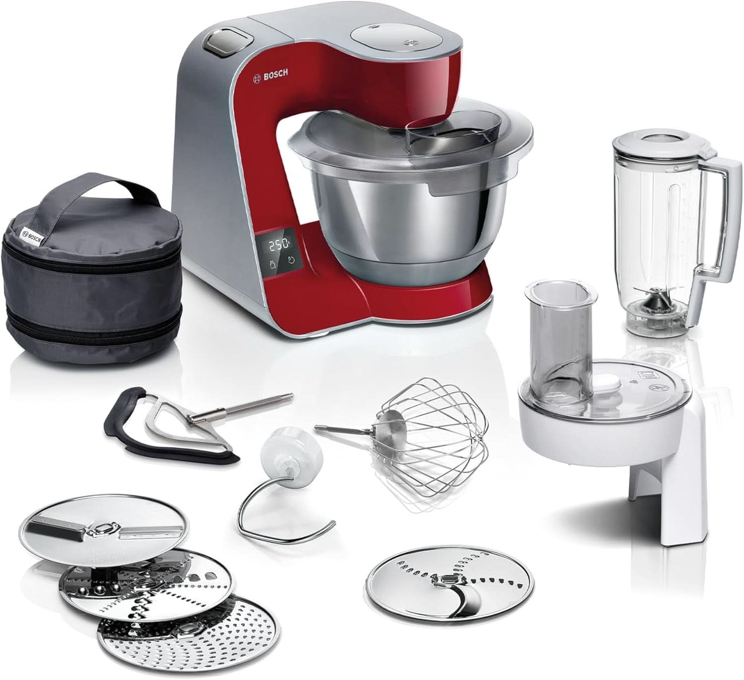 Matberedare Bosch Series 4 MUM5X720, integrerad våg, skål i rostfritt stål 3,9L, mixer 1,25L, 1000W Tillbehör Mat och Amning Baby Naty Shop Single Mörkröd/silver 2 tillbehör