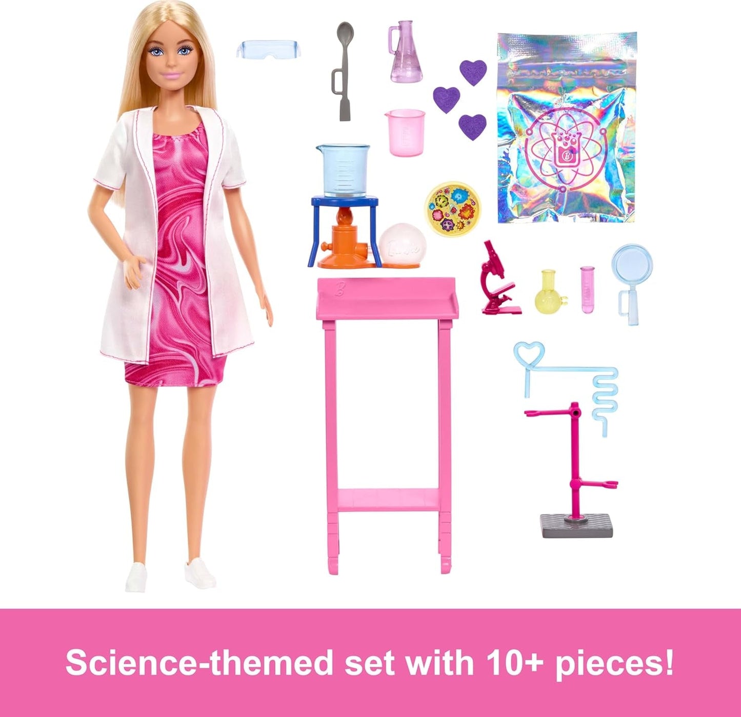 Barbie Scientist-docka och tillbehör med moderiktig blond docka, labbbord, mikroskop, färgskiftande bägare och petriskål, JCR70