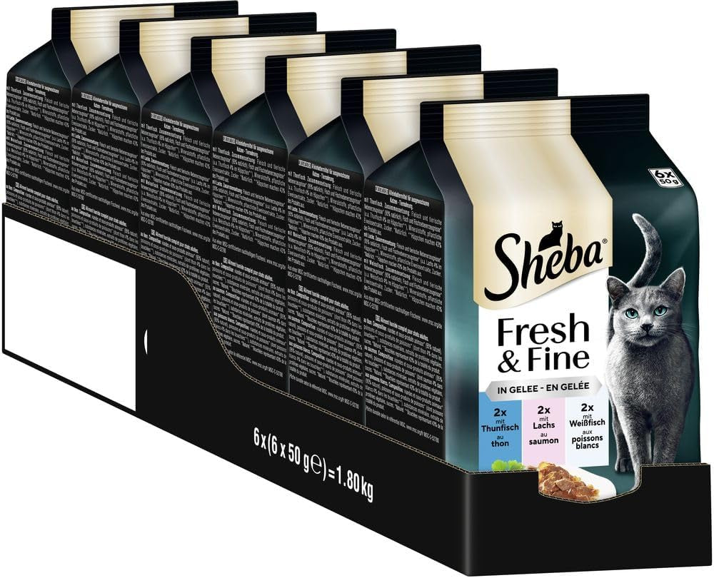 Sheba Portion Pouches Våtfoder för katter, Multipack Fresh & Fine i gelé med MSC tonfisk och lax, 6x6x50g - Hälsosamma måltider för katter med gelé