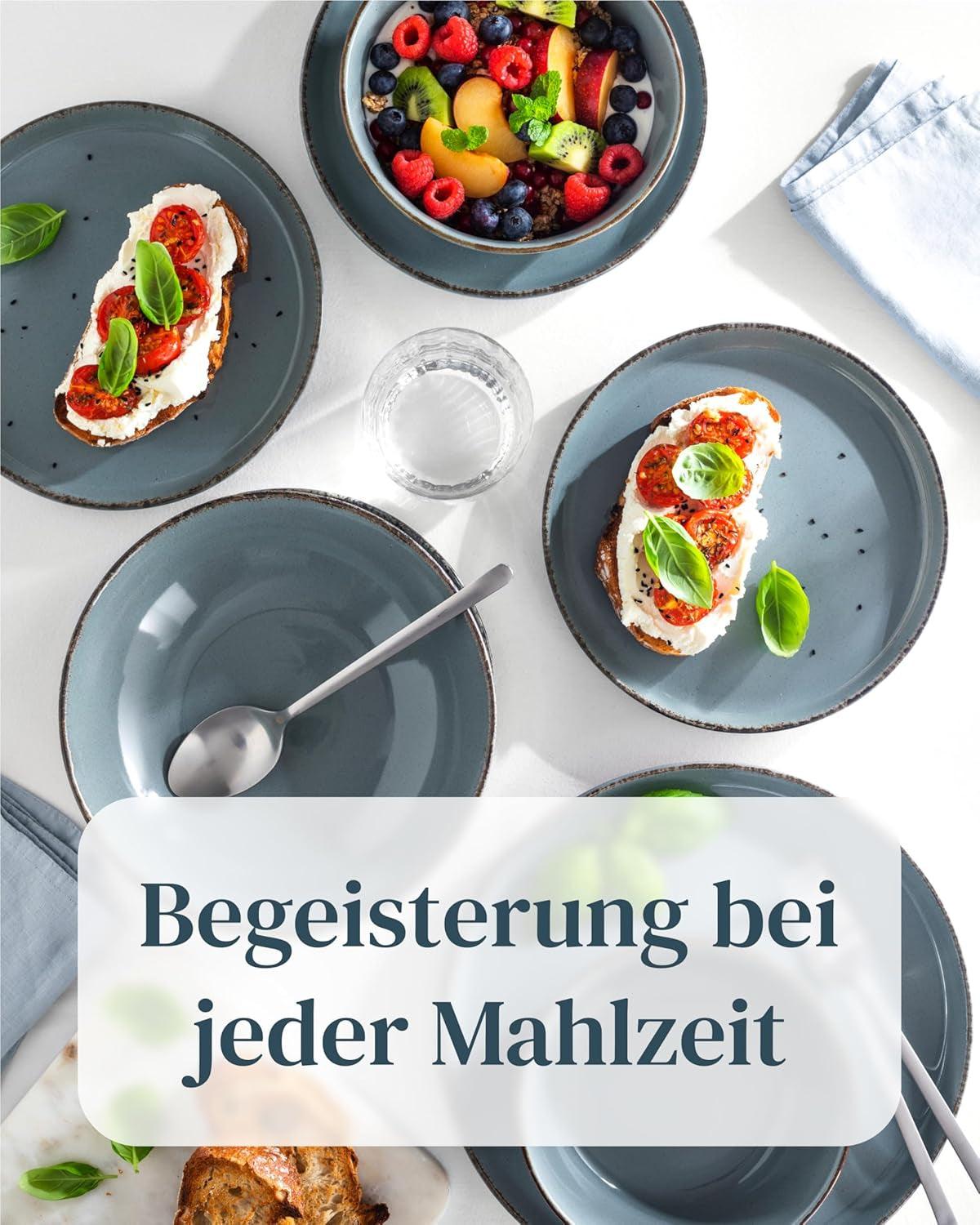Steingut Geschirrset 12 Personen Rustik 36 tlg. TESTSIEGER, Hochwertiges Landhaussttil Steingut Geschirr Set, Schüssel- und Teller Set, Tafelservice 12 Personen, Geschirrsets Pure Living in Rauchblau