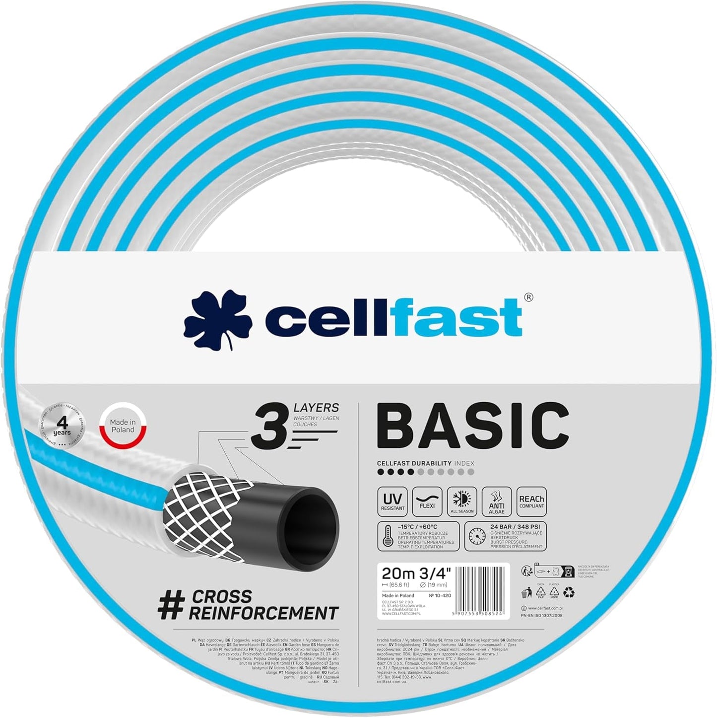 CELLFAST trädgårdsslang, 3-lagers trädgårdsvattenslang, slitstark trådförstärkt, flexibel bevattningsslang, UV-beständig, anti-alger, 3,4 tum, 20 meter längd