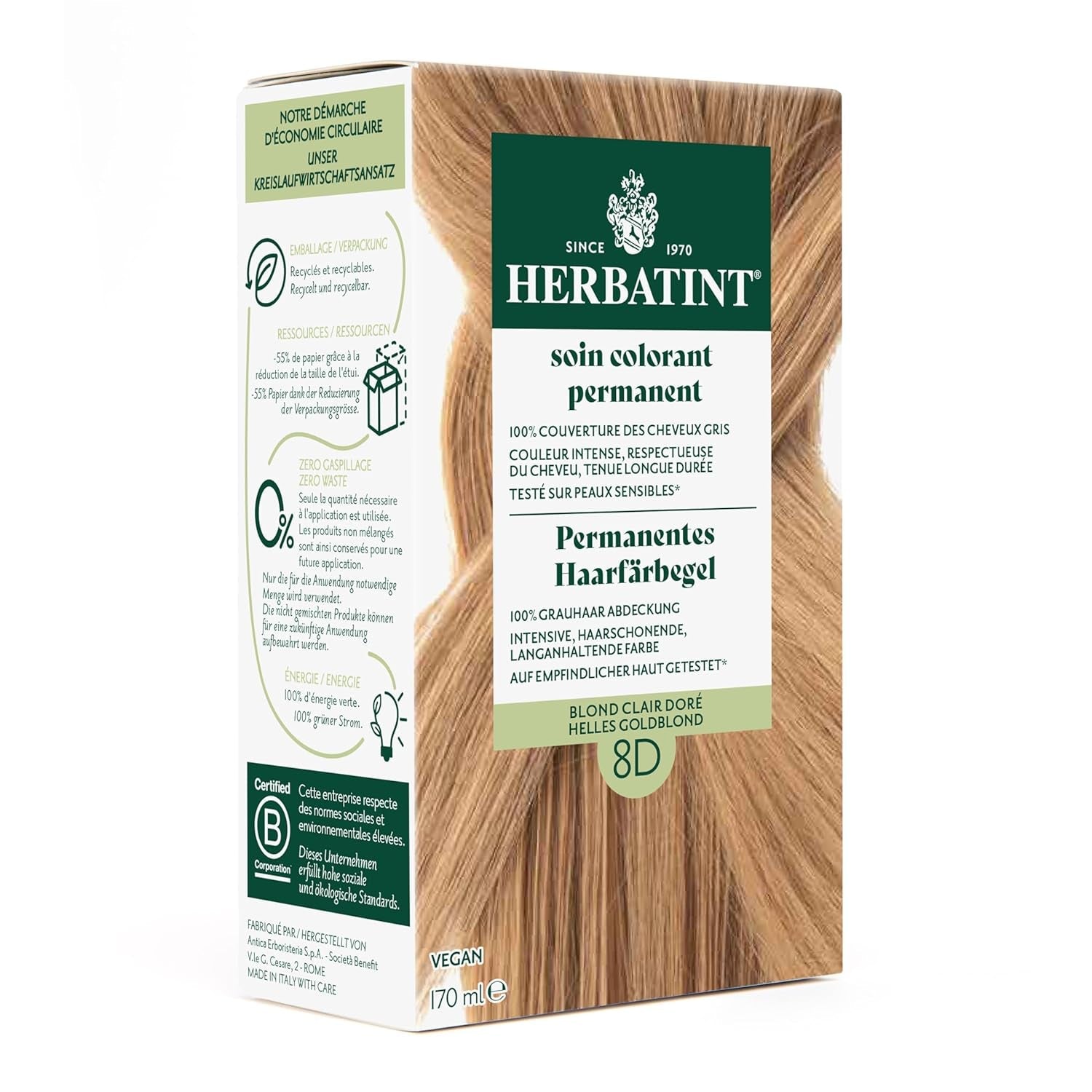 Permanent hårfärgsgel 6N mörkblond - 170 ml I ammoniakfri, 100 % grå hårtäckning Jag testade på känslig hud, med 8 växtextrakt Naty Shop Hårfärgning 8D Ljus Gyllene Blond
