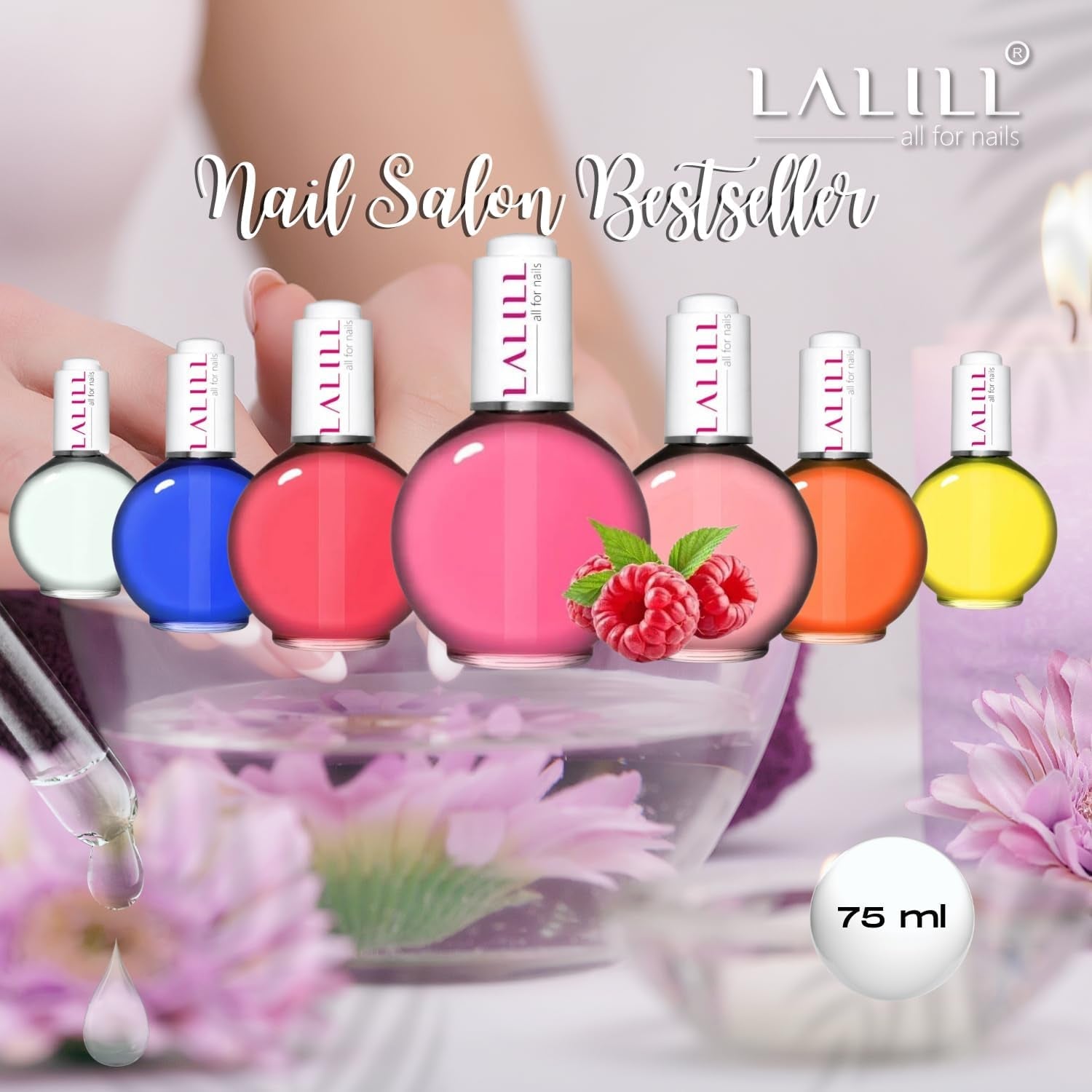 LALILL Nagelbandsolja 75Ml - Himbeere Nagelpflegeöl - Nagelöl Pflege Für Nägel Nagelhaut - SPA Maniküre Nageldesign Hände - Vegansk - Med pipett