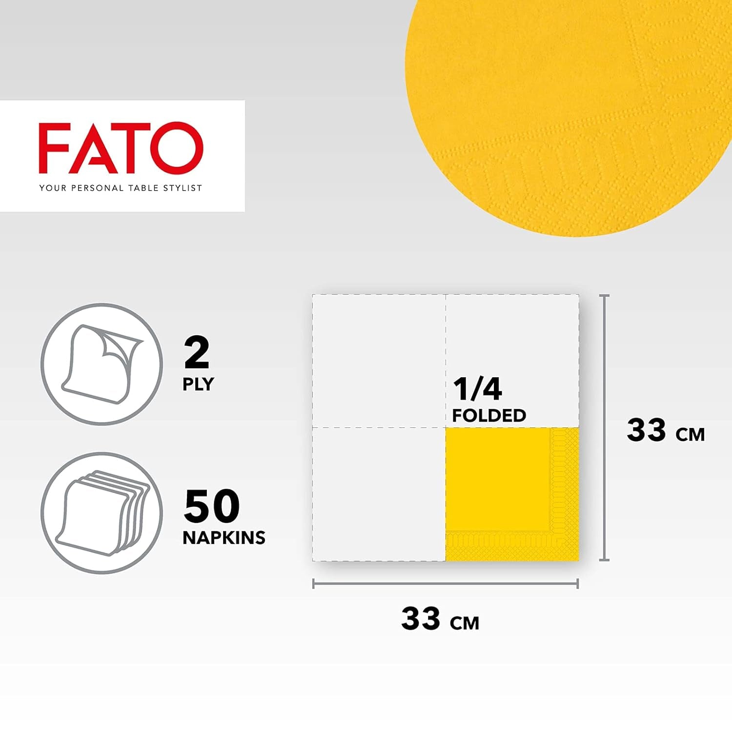 , Engångspappersservetter, idealiska för vardagliga luncher och bufféer, paket med 50 servetter, storlek 33X33, 4-vikt, 2-lagers, gult, 100 % rent cellulosapapper, Fsc-certifierat