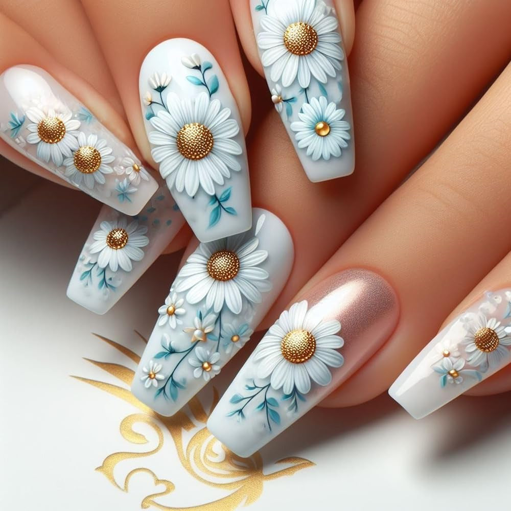 24st lång tryck på naglar kista konstgjorda naglar fjäril blomma självhäftande naglar vit brun akryl nageluppsättning spikspetsar kvinnor vår sommar nageltillbehör