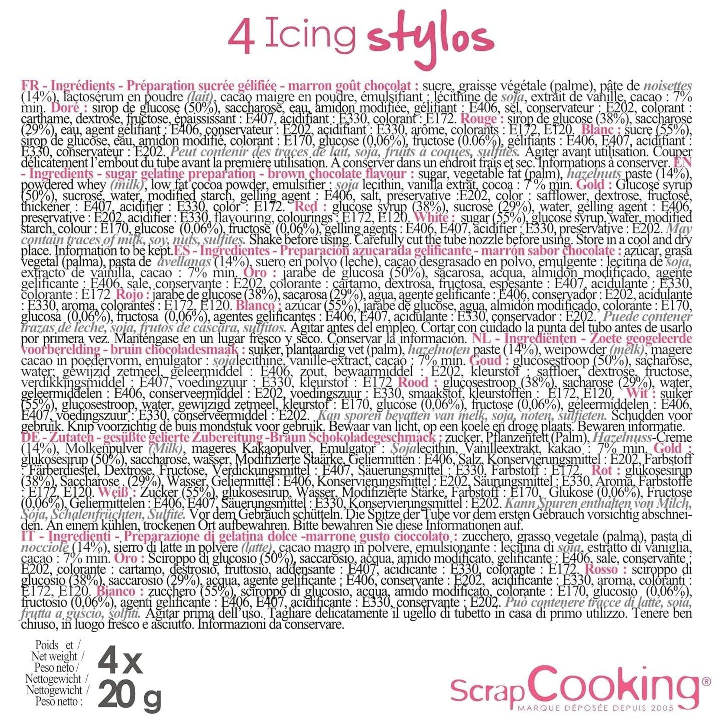 Scrapcooking - 4-delade markörer: guld, choklad, vit och röd - dekorativa ätbara pennor för att skriva och rita på desserter, kakor och kex