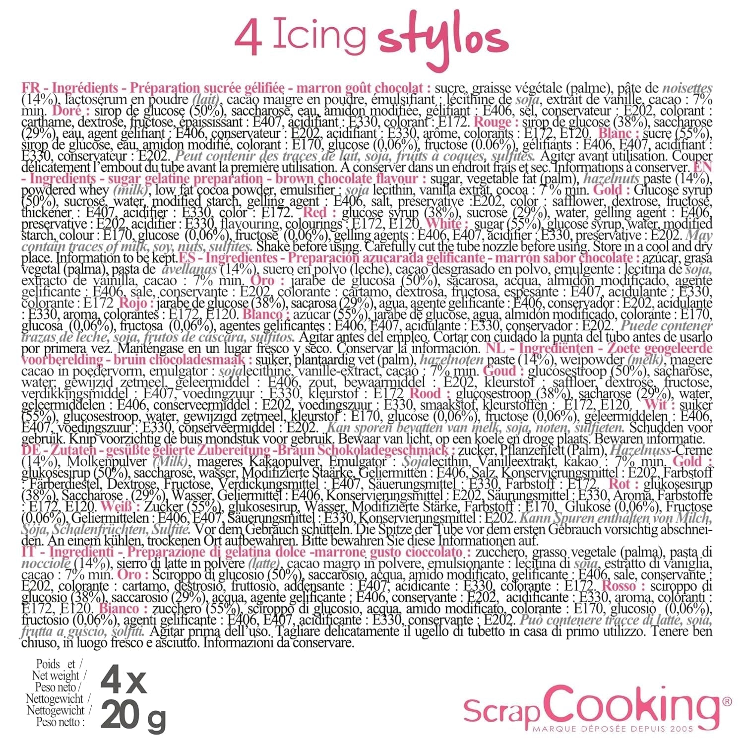 Scrapcooking - 4-delade markörer: guld, choklad, vit och röd - dekorativa ätbara pennor för att skriva och rita på desserter, kakor och kex