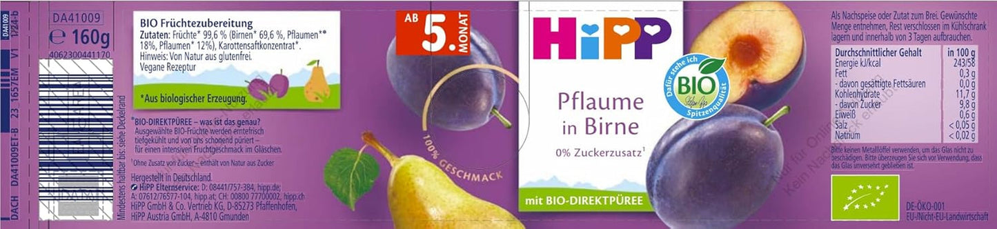 HiPP ekologiska plommon med päronsmak (6 x 160g), från 5 månader, inget tillsatt socker, särskilt intensiv fruktsmak, av bästa ekologiska kvalitet.