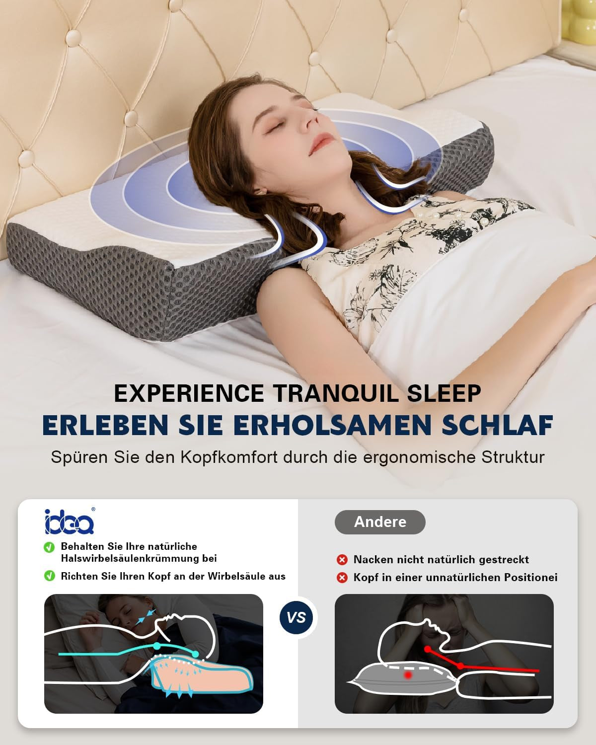 IDEA Kudde, Ergonomisk ortopedisk kudde för nacksmärta, Memory Foam Kudde för sido-, rygg- och bukslipare, Anti-snarkningskudde för män kvinnor (62 * 34,5 * 12/8 cm) Cervikala ortopediska kuddar Naty Shop