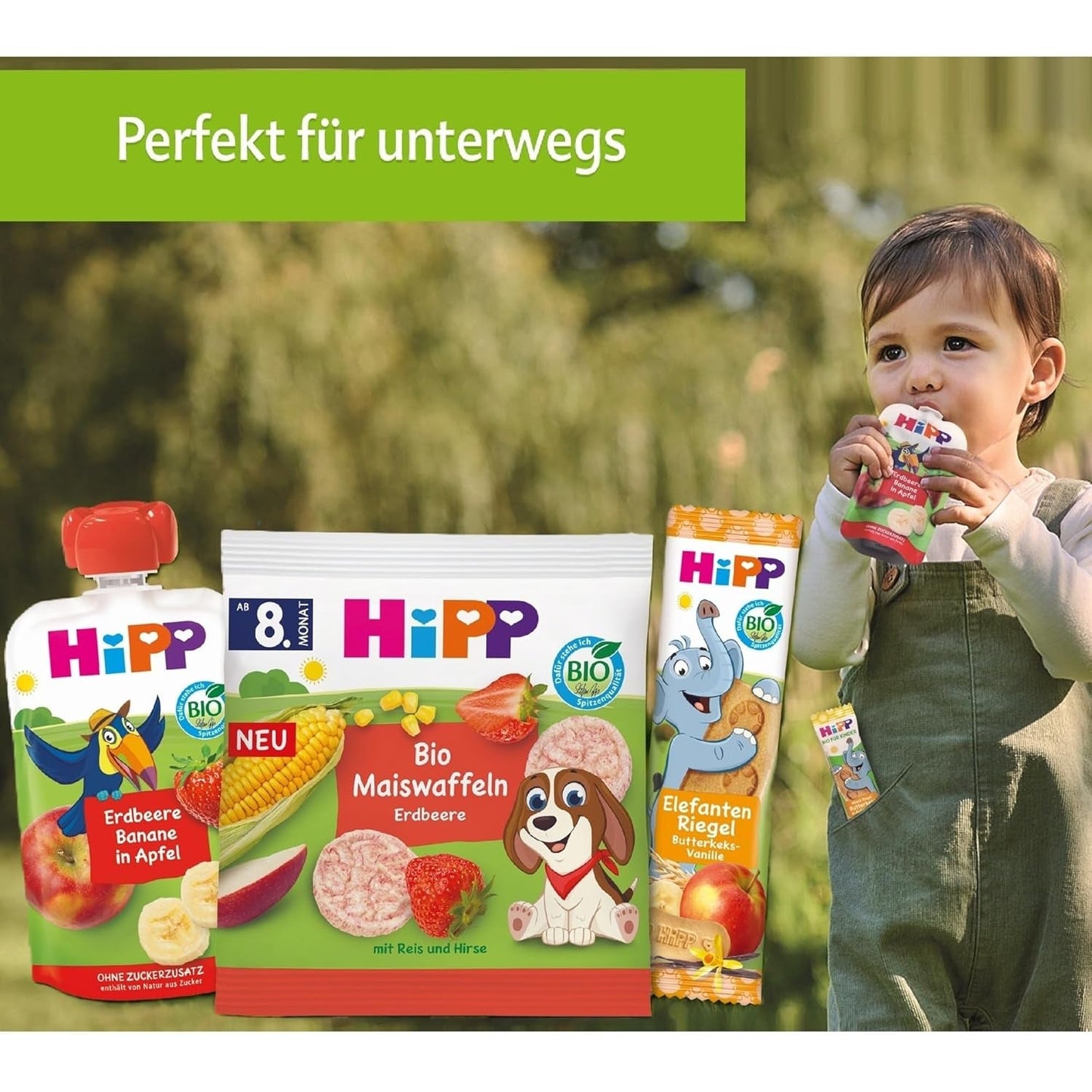 HiPP Organic Fruit Plus-påsar med granatäpple och acerola i en blandning av äpple och hallon - Ben Beagle (8 x 100g), från 1 år, 100% fruktpuré, utan tillsatt socker, vegan, bästa ekologiska kvalitet