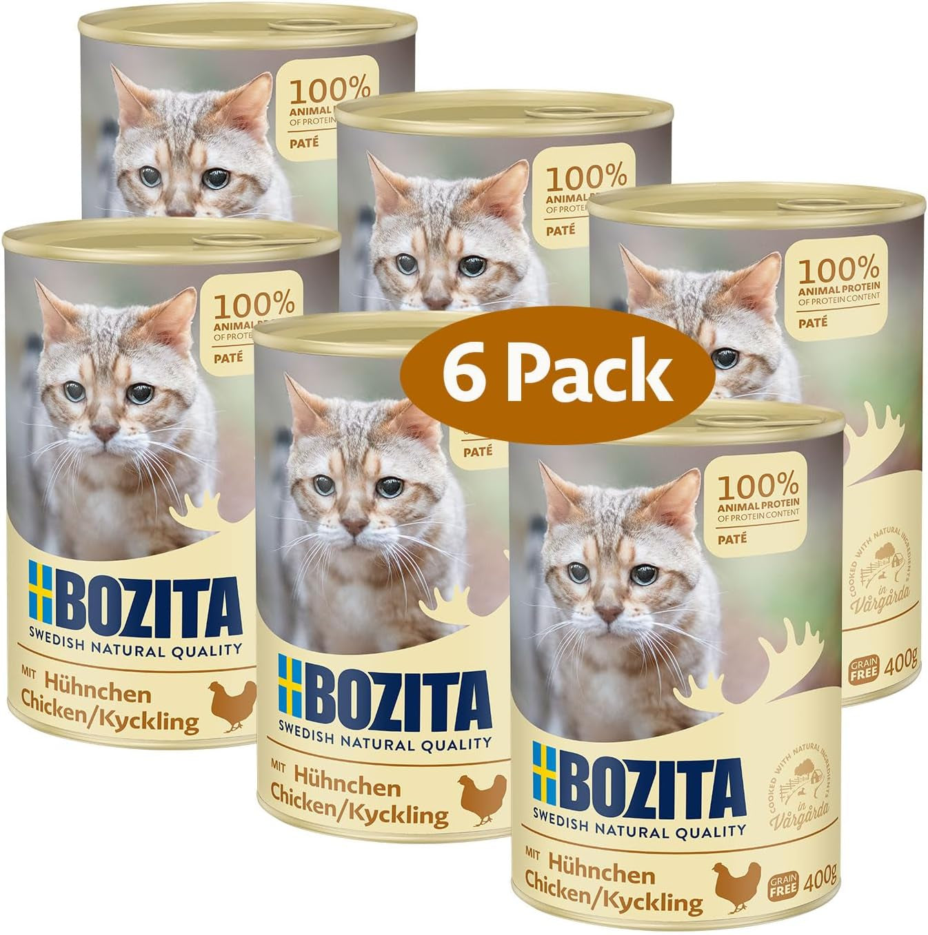 Bozita spannmålsfri kycklingpaté - 6 x 400 g våtfoder för katter och kattungar. Komplett mat med 9,5 % protein och 5 % fett, gjord av högkvalitativa naturliga ingredienser, spannmålsfri - från Sverige