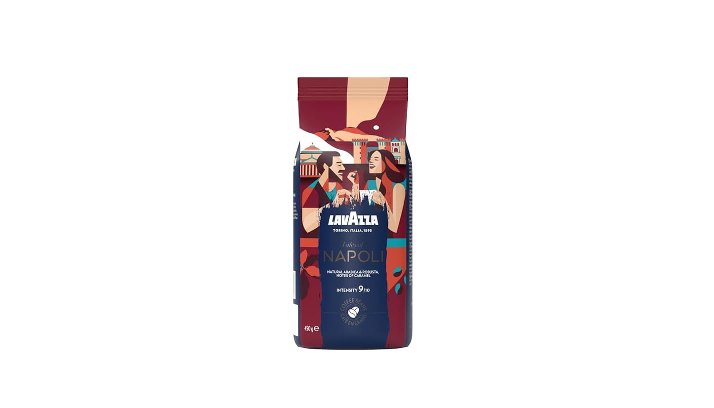 Lavazza, Tales of Napoli, kaffebönor, idealiska för espressomaskiner, med aromatiska toner av kakao och karamell, Arabica och Robusta, intensitet 9/10, intensiv rost, 450 g