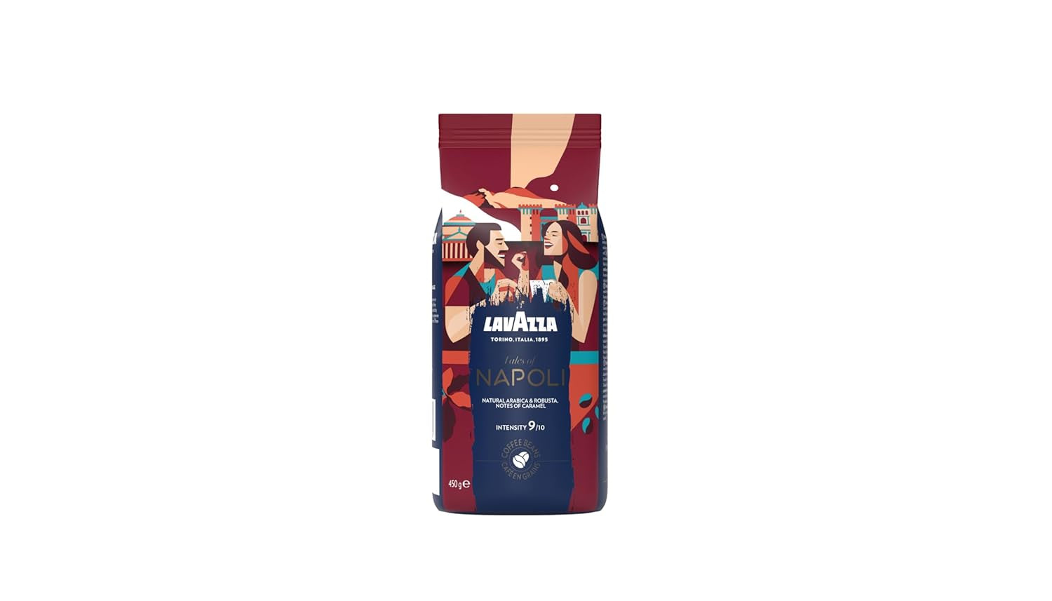 Lavazza, Tales of Napoli, kaffebönor, idealiska för espressomaskiner, med aromatiska toner av kakao och karamell, Arabica och Robusta, intensitet 9/10, intensiv rost, 450 g