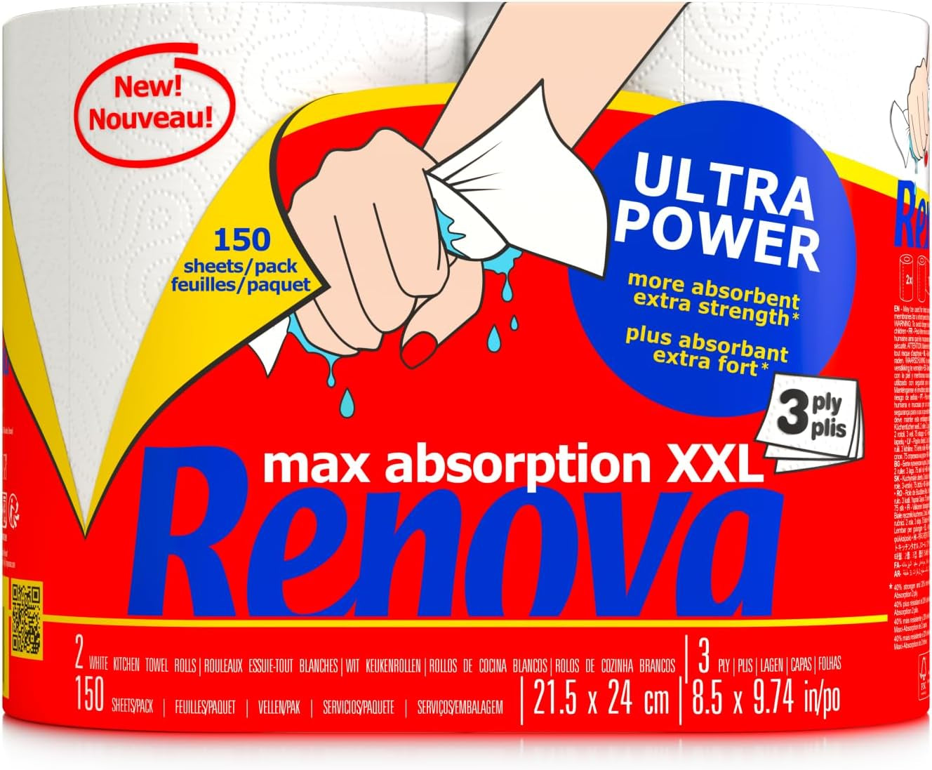Köksrullar Renova Renova Ultrapower | 24 XXL-rullar = 60 standardrullar | 3 ultraabsorberande och maximalt motståndsskikt | Fsc-certifierat papper