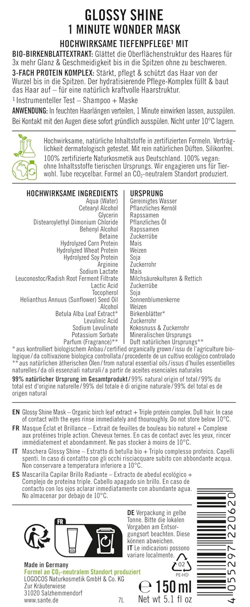 SANTE Naturkosmetik Glossy Shine Mask ekologiskt björklövsextrakt + 3x proteinkomplex, silikonfri och återfuktande hårmask, vegansk hårvård för mer glans och smidighet, 150 ml Naty Shop Hair Mask