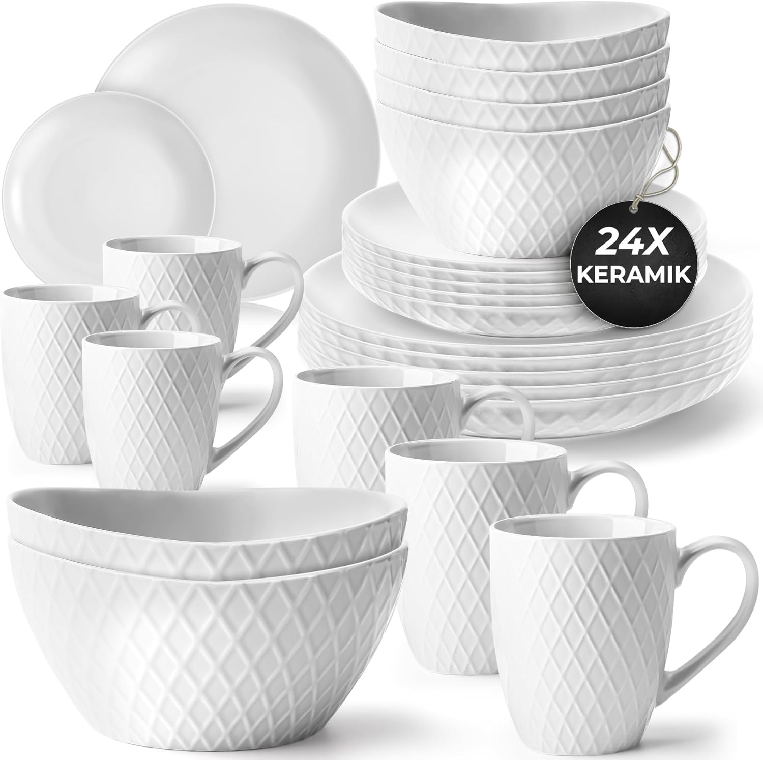 MIAMIO - Keramiskt servisset, 24 delar, kombinerad service för 6 - Säker i diskmaskin och mikrovågsugn - Palmanova Collection (vit)