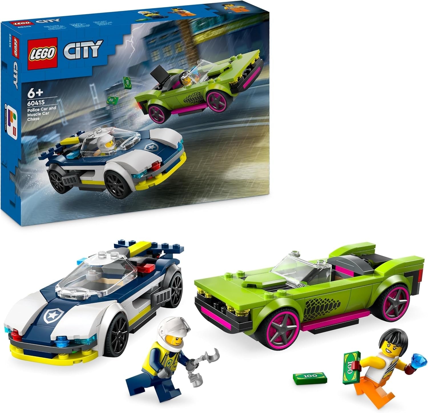 LEGO City Car Chase med polisbil och muskelbil, träningsleksak med 2 racerbilar, polispresent för barn, pojkar och flickor från 6 år, polis och minifigurset Ganovin 60415 Byggset Besuche den LEGO-Store Single