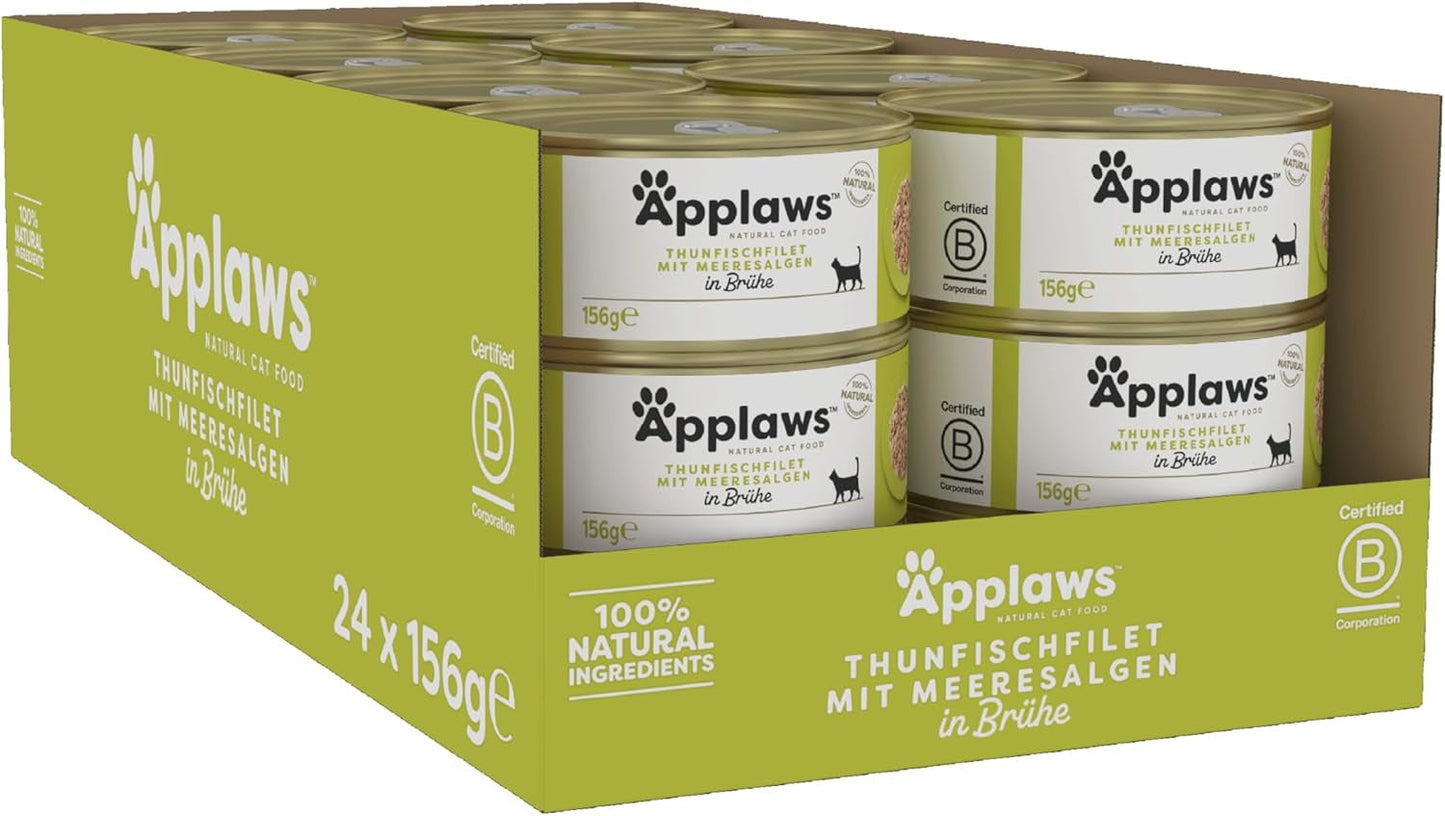 Applaws 100% naturlig Premium-Nassfutter för Katzen, Thunfischfilet med Algen i Brühe - Packung med 24 x 156g Dosen