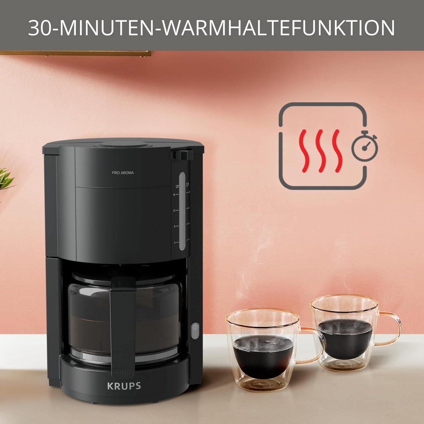 Krups F30908 ProAroma Espressomaskin med filter och glaskaraff, kapacitet 1,25 l, 10-15 koppar, 1050 W, svart