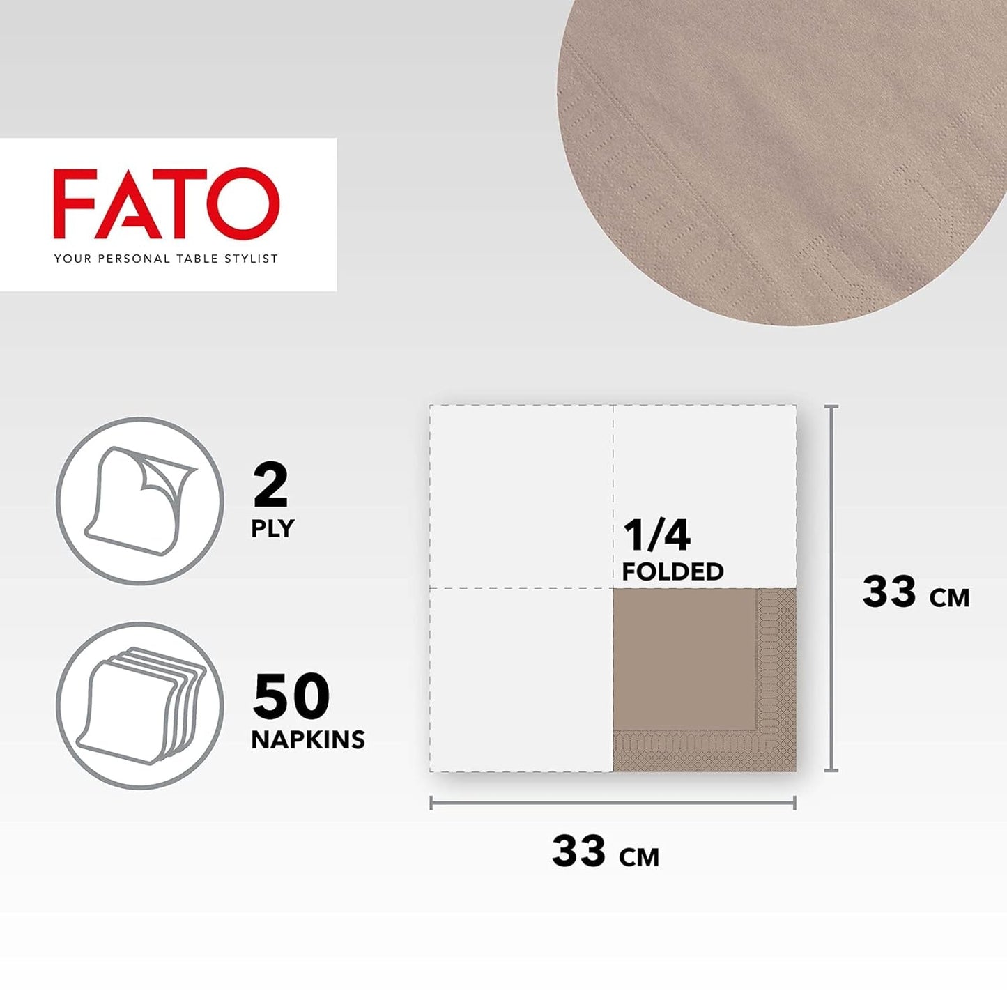 Fato, pappersservetter för engångsbruk, idealiska för vardagliga luncher och bufféer, paket med 50 servetter, storlek 33X33, vikta i 4, 2 lager, Turtleduve, 100 % rent cellulosapapper, Fsc-certifierat