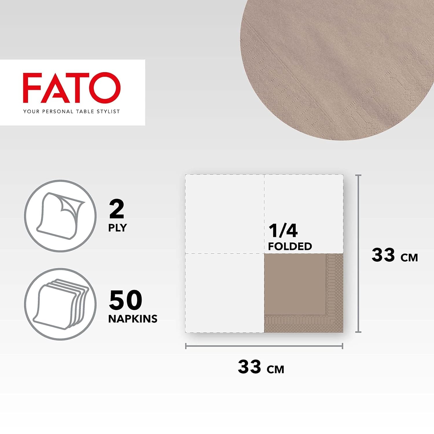 Fato, pappersservetter för engångsbruk, idealiska för vardagliga luncher och bufféer, paket med 50 servetter, storlek 33X33, vikta i 4, 2 lager, Turtleduve, 100 % rent cellulosapapper, Fsc-certifierat