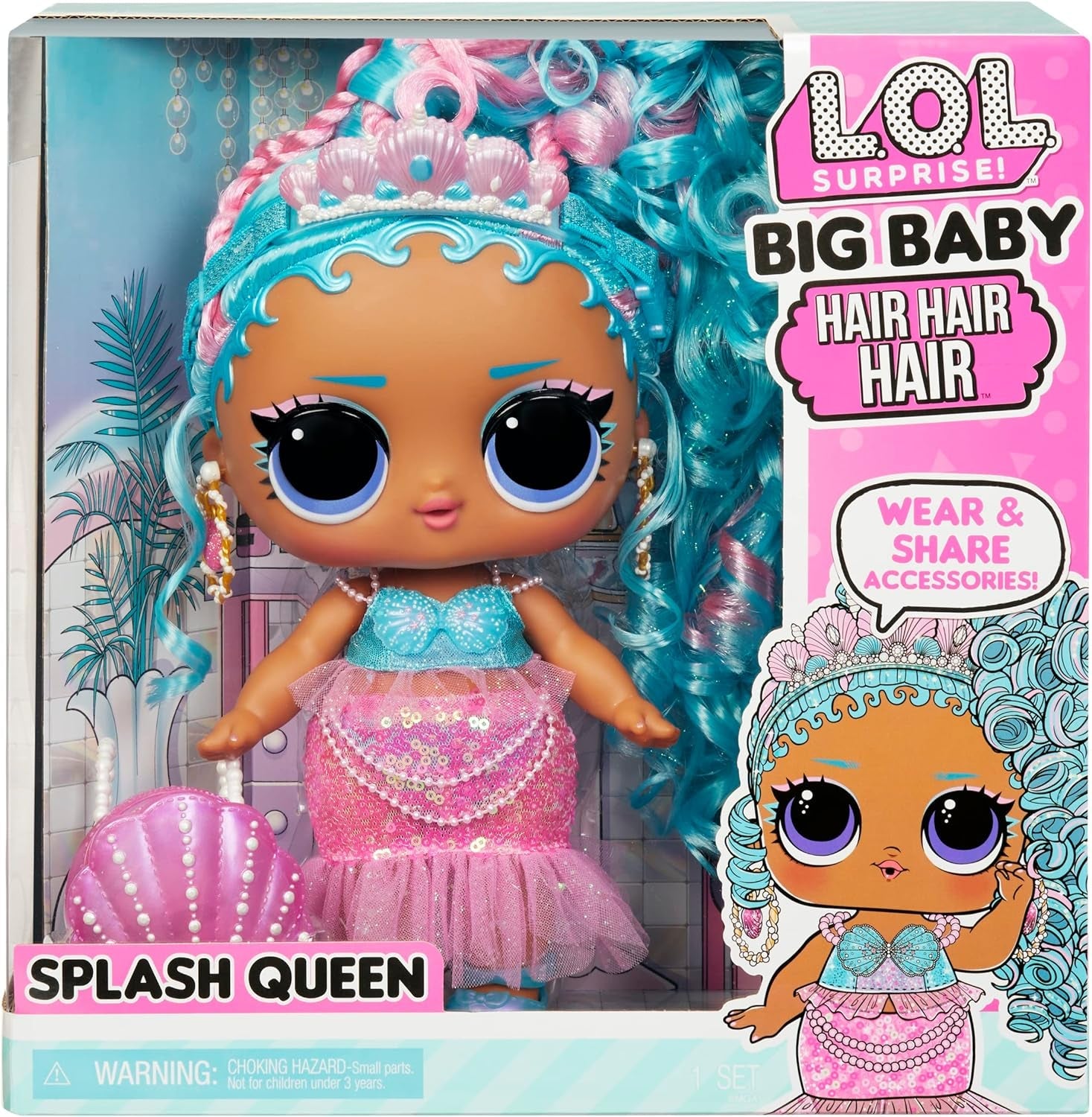 L.O.L. Överraskning! Big Baby Hair Hair Hair – SPLASH QUEEN – 27,94 cm stor Puppe med 14 Überraschungen, Accessoarer till Teilen och echten Haaren – Für Kinder und Sammler ab 4 Jahren