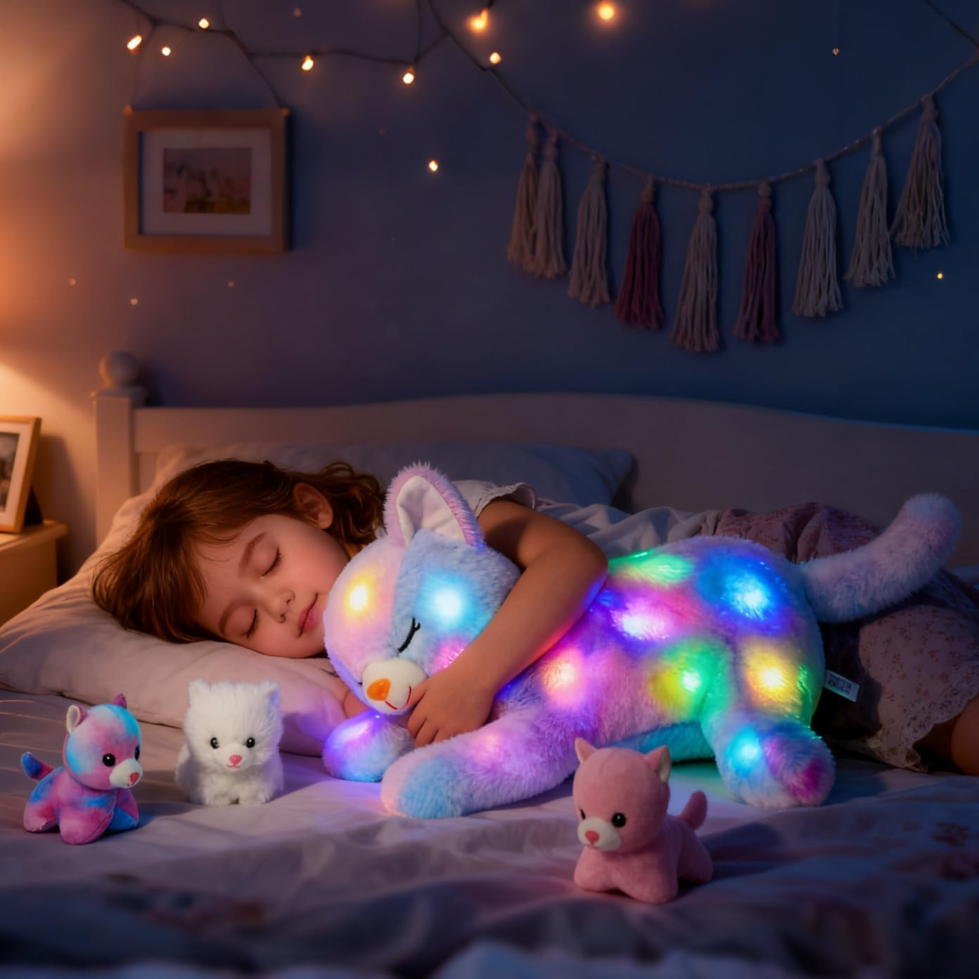 LED musikalisk plyschkatt, lätt sjungande leksak, kattmamma med 3 kattungar i magen, animerad vaggvisa, lugnande leksak för mödrar, barn, små flickor, regnbåge, 45 cm