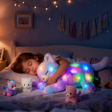 LED musikalisk plyschkatt, lätt sjungande leksak, kattmamma med 3 kattungar i magen, animerad vaggvisa, lugnande leksak för mödrar, barn, små flickor, regnbåge, 45 cm