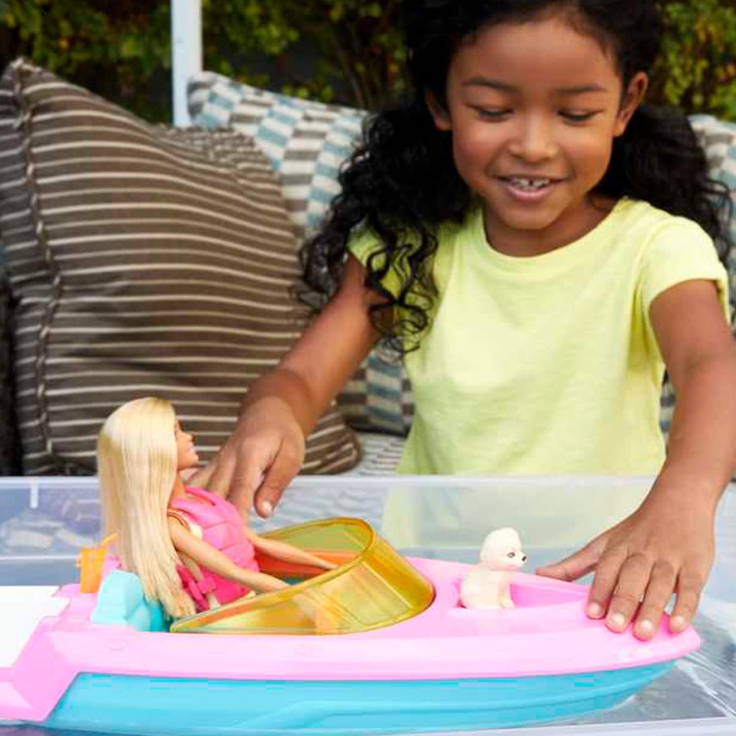Barbie Speedboat Set, Barbie Doll med blont hår, Rosa flytväst, Båt, Valp, Tillbehör, Presenter för 3+, Grg30 Naty Shop Dolls