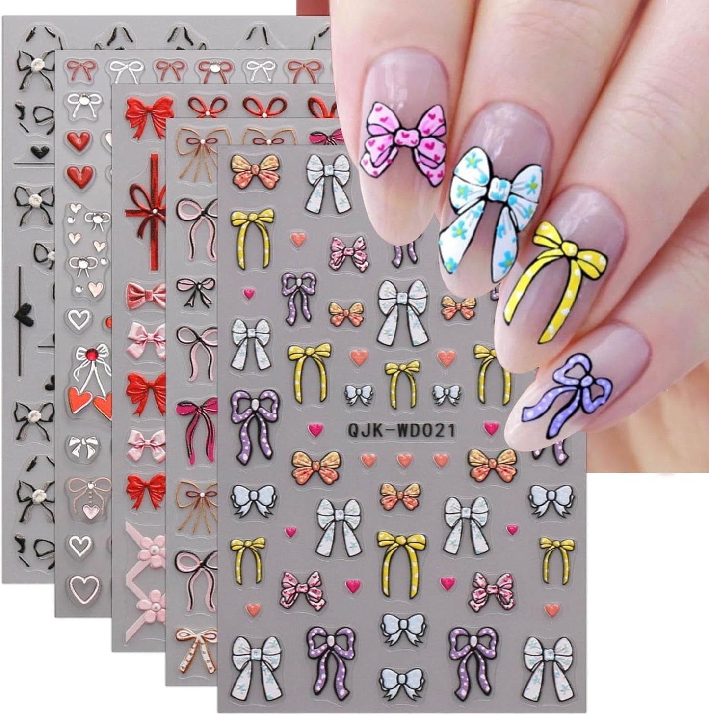 JMEOWIO Nagelsticker Bunte Herz Schleife 6 Blad Nagelkonstklistermärke Selbstklebend Nagelaufkleber Dekoration Nageldesign Zubehör