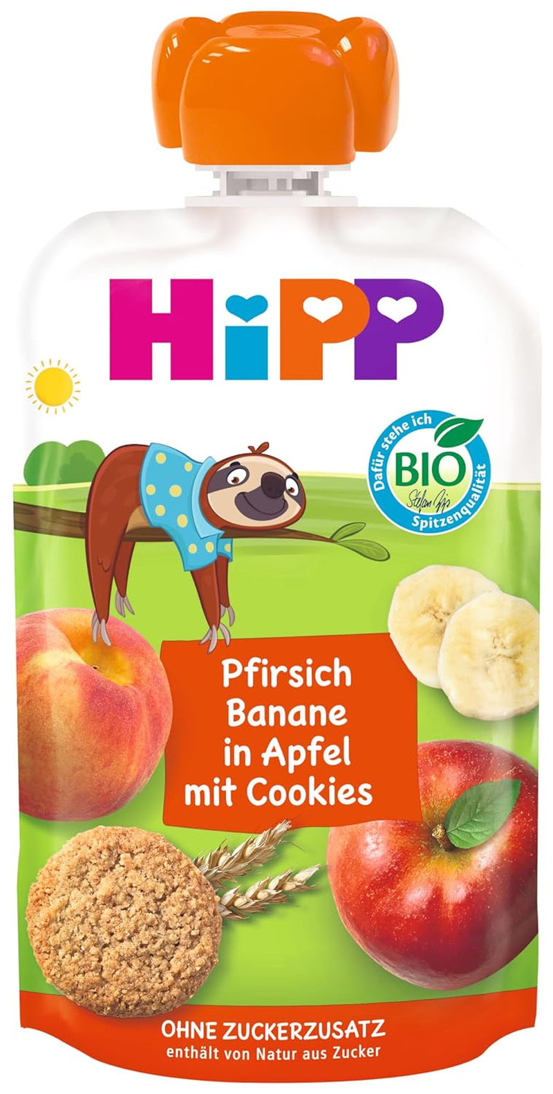 HiPP pressbara påsar med ekologiska persikor och bananer i påsar med äpplen och kakor - Felix the lazy (8 x 100g), från 1 år, frukt med flingor, inget tillsatt socker, bästa ekologiska kvalitet