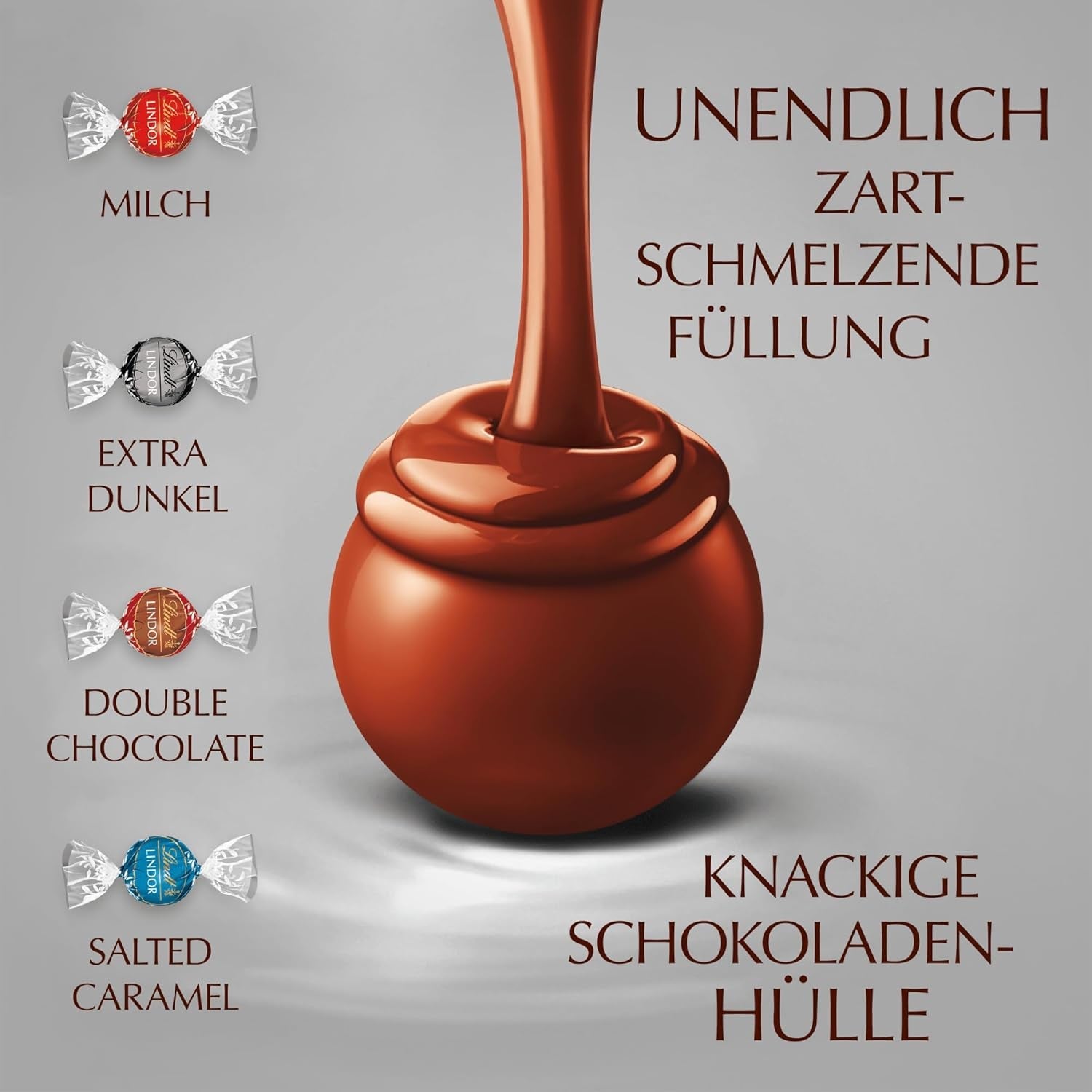 Lindt Choklad | Diverse väska LINDOR silver | 1 kg påse | 80 smält-i-munnen mjölkchokladbollar, 70 %, saltad kola och dubbelchokladsmaker | Gåva av choklad att dela