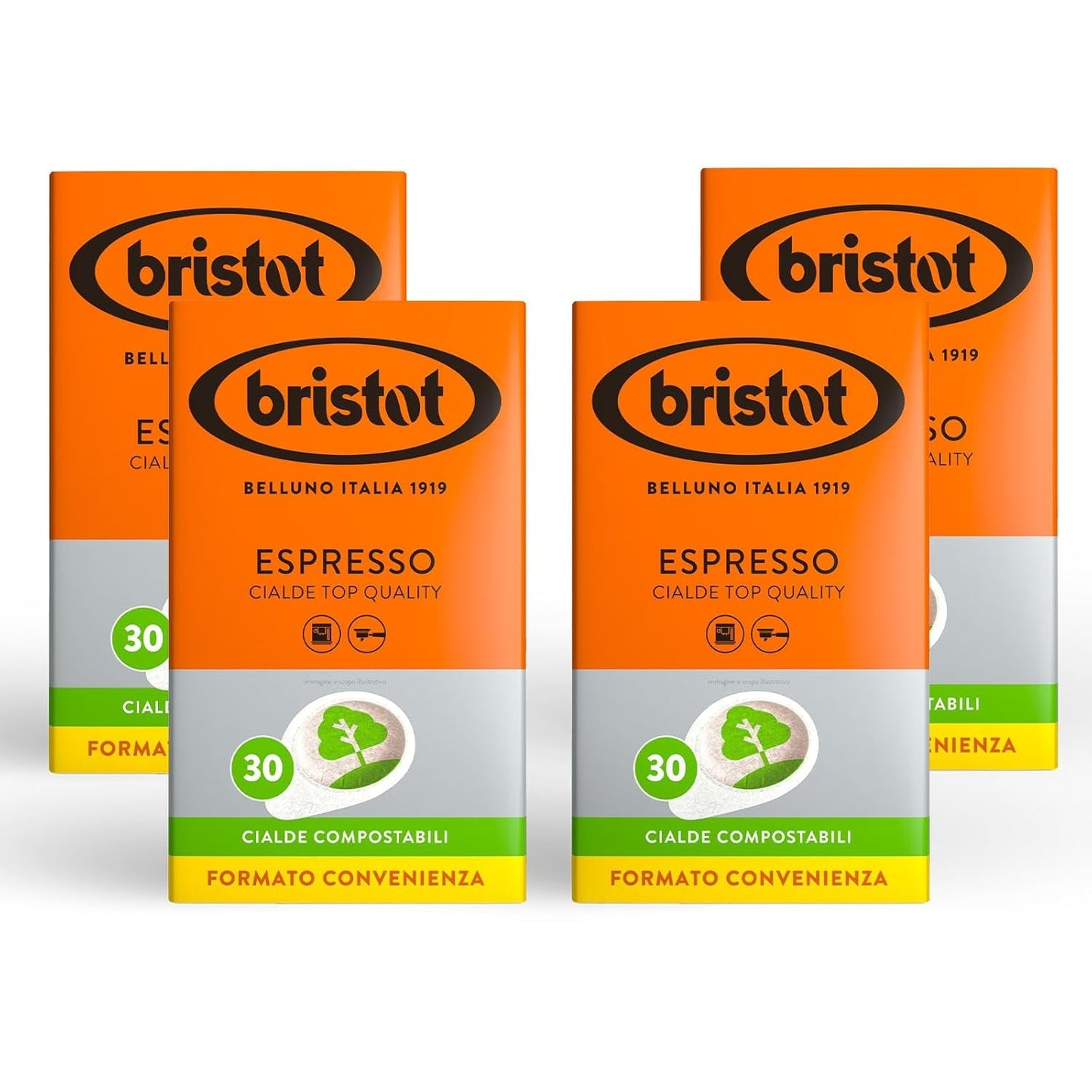 Bristot, 120 Espresso-Kaffeekapseln – eine Mischungen aus Arabica-Kaffee aus Brasilien und Zentralamerika, mit Noten von Zartbitterschokolade, Haselnuss och Caramell – 4 Packungen mit je 30 Kapseln