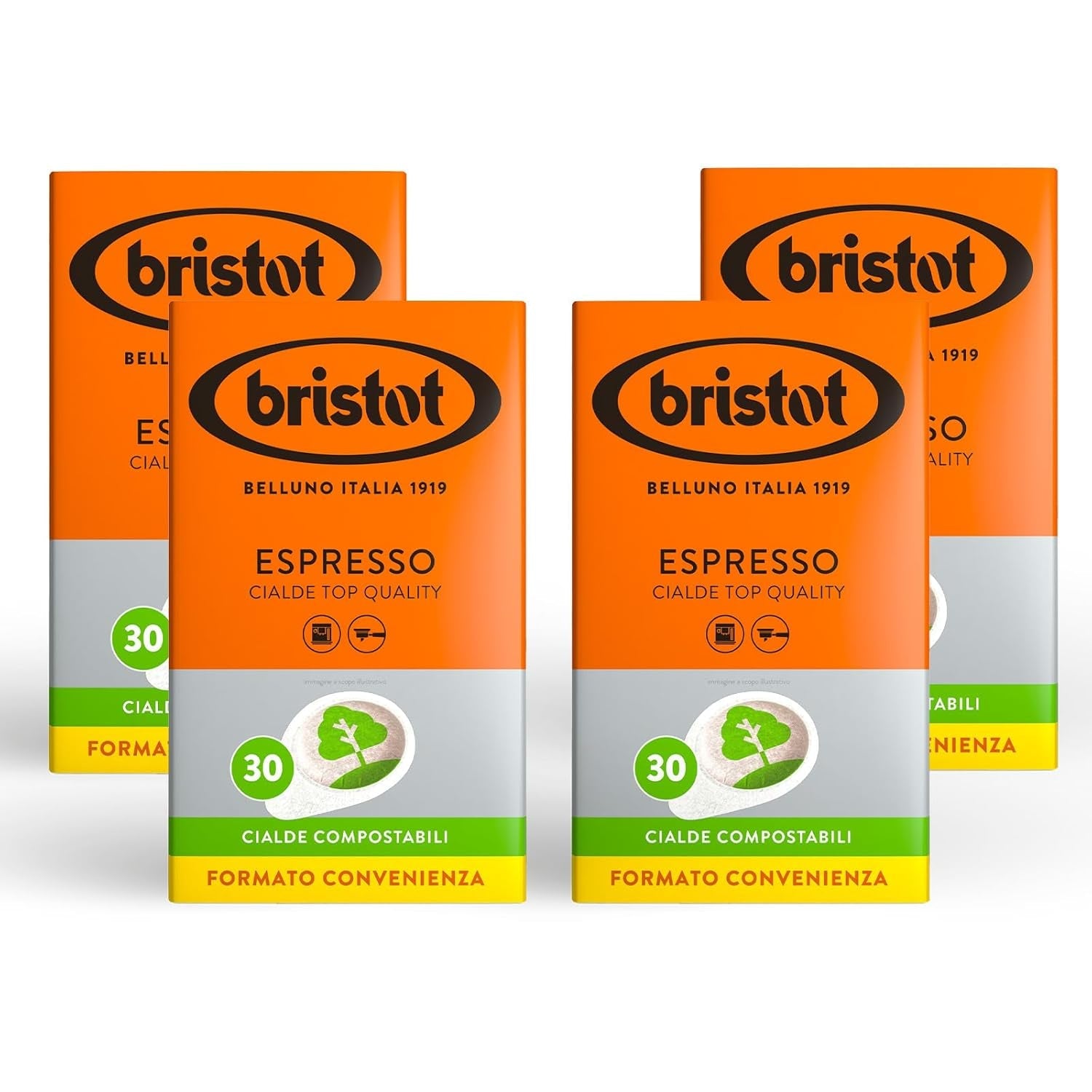 Bristot, 120 Espresso-Kaffeekapseln – eine Mischungen aus Arabica-Kaffee aus Brasilien und Zentralamerika, mit Noten von Zartbitterschokolade, Haselnuss och Caramell – 4 Packungen mit je 30 Kapseln