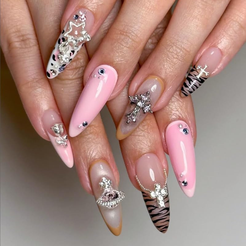 Mouyouglow Långa naglar Stiletto Milky White Gradient Rosa Glitter Coola falska naglar med lim Rosa Ombre Glitter konstgjorda naglar