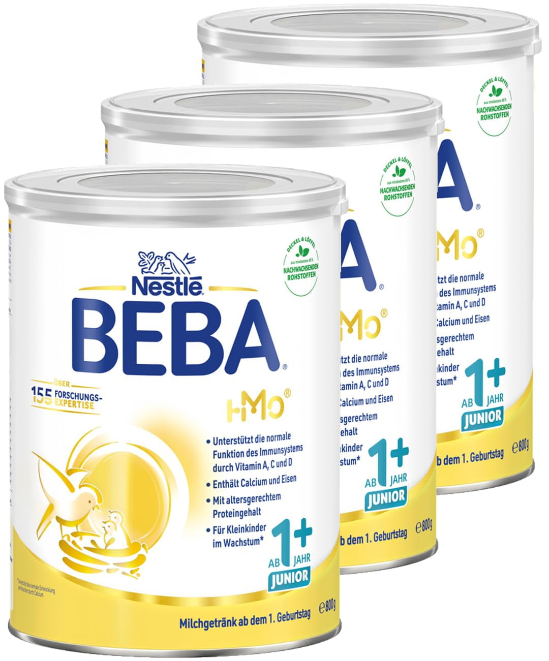 BEBA Junior 1+ mjölkdryck från 1 år, med HMO, åldersanpassat proteininnehåll, endast laktos, ingen palmolja, ingen fiskolja, småbarnsmat, babymjölkpulver, 3-pack (3 x 800g)