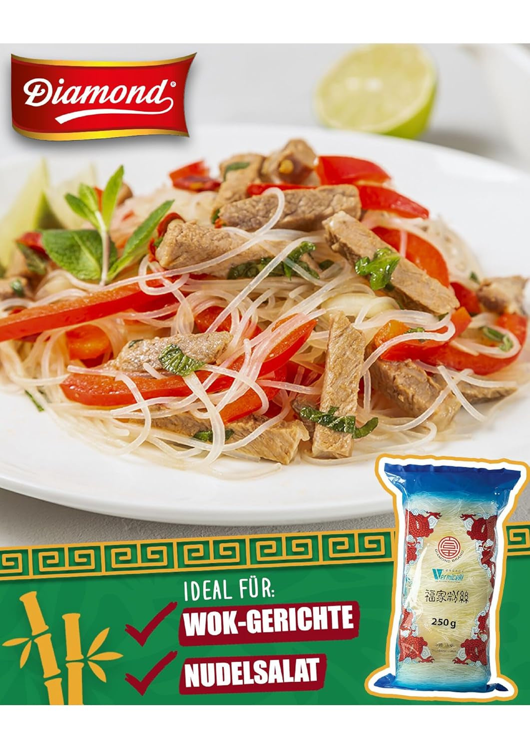 DIAMOND glasnudlar, långa glasnudlar, naturligt veganska och glutenfria - 1 x 250 g