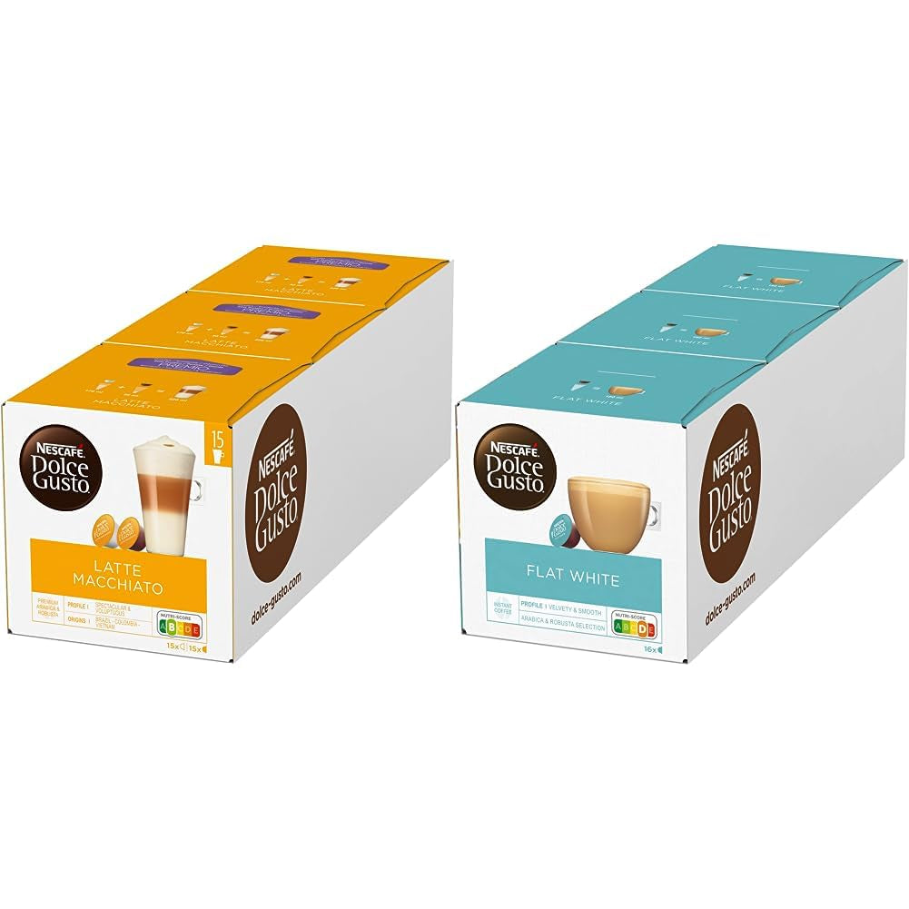 NESCAFÉ Dolce Gusto Latte Macchiato Vorratsbox 90 Kaffeekapseln & Flat White, 48 Kaffeekapseln, Arabica och Robusta Bohnen