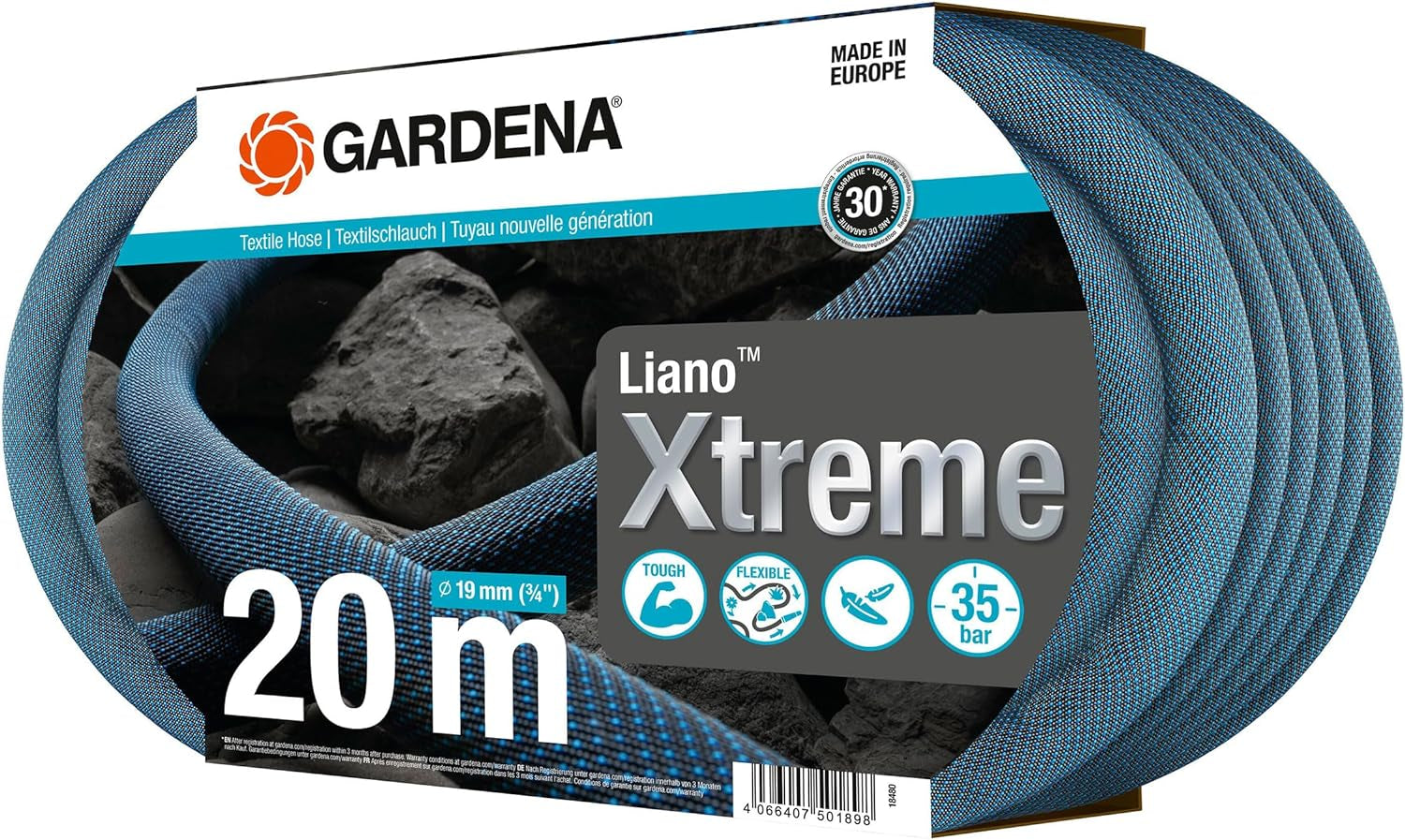 Gardena Liano Xtreme 3/4 tums set, 20m: Extremt robust trädgårdsslang i textil med lätt, väderbeständig PVC-innerslang (18480-20)