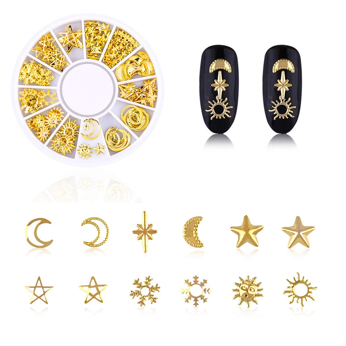 4 lådor Nagel Art Strass, 3D Nagel Art Decorations, Mix Größe Nagel Perlen Glitter Strass Guld Metall Hohlniet Nagelkunst Stern Mond Sonne Nagel Zubehör Für DIY Nageldesign