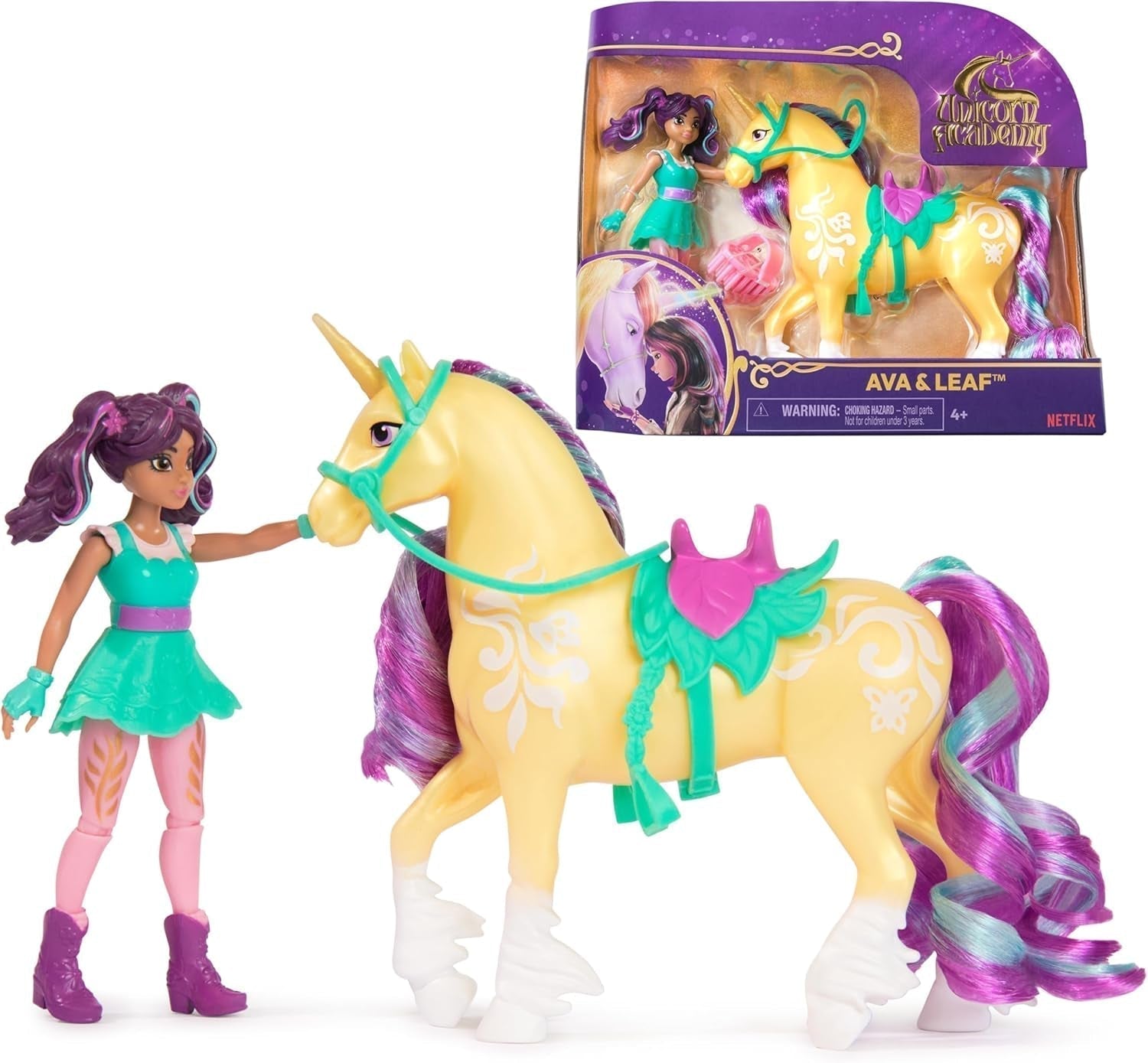 Unicorn Academy AVA och Unicorn Leaf Set - Originalfigurer ca 12 cm höga från den populära Netflix-serien Med två tillbehör och hårborstar För fantasifullt rollspel, för barn från 4 år och uppåt Actionfigurer Naty Shop Standardtitel
