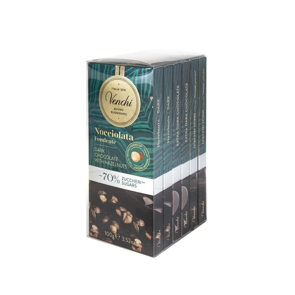 Venchi - Paket med 6 mörka chokladkakor med hasselnötter, 600g - Inget tillsatt socker - Inga konstgjorda sötningsmedel - Glutenfri - Vegansk - Presentidé